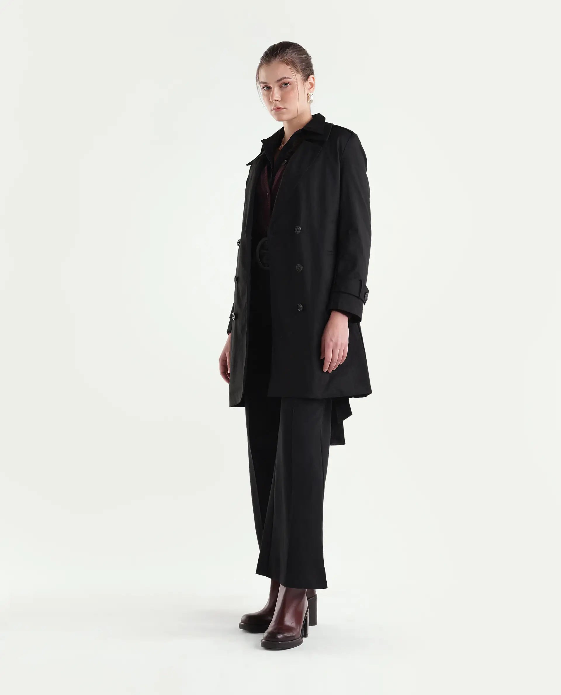 Rareism Women's Kench Black Polyester Blend Lapel Neck Relaxed Plain Coat