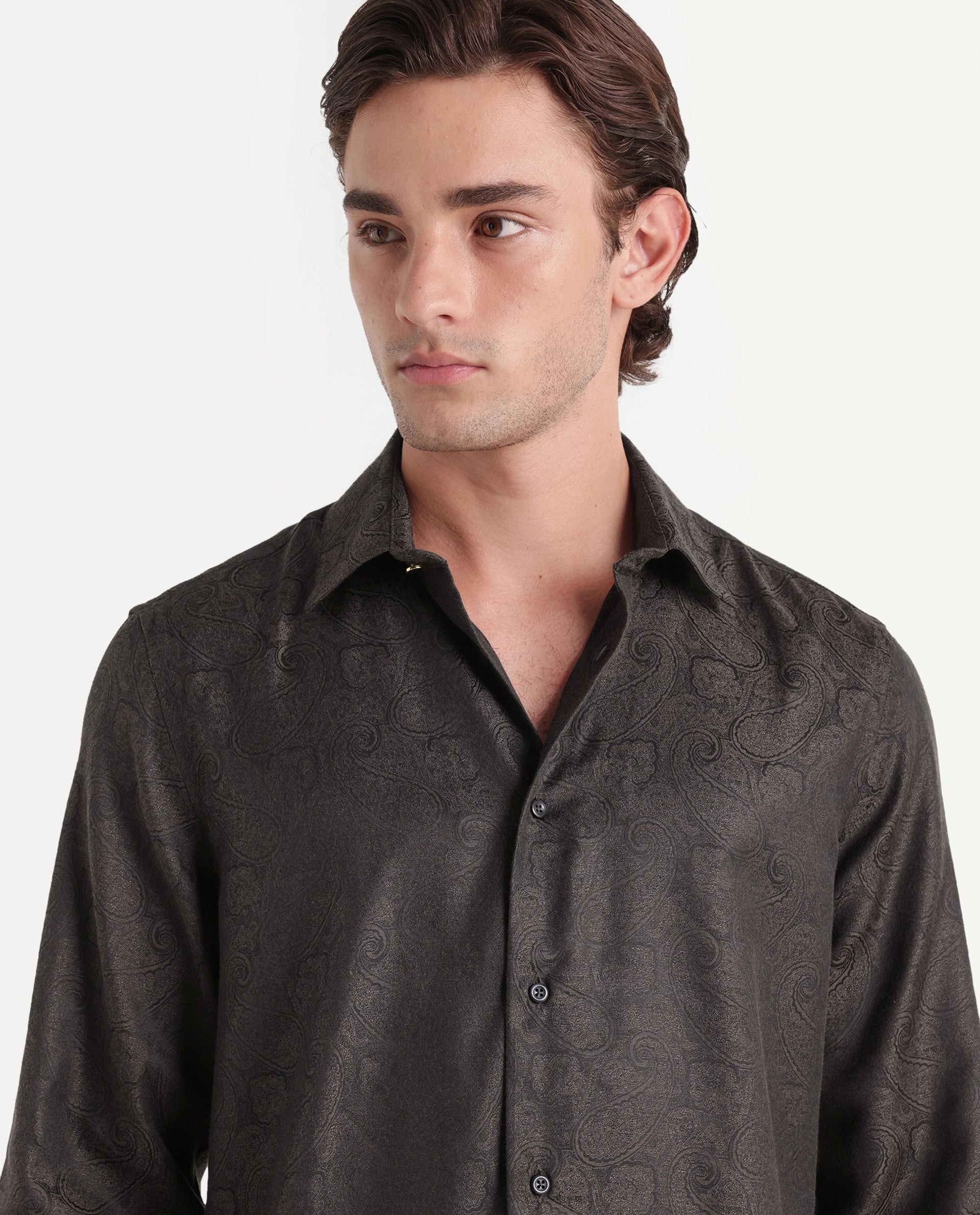 Rare Rabbit Men's Nasa Brown Polyester Blend Spread Collar Regular Paisley Print Shirt