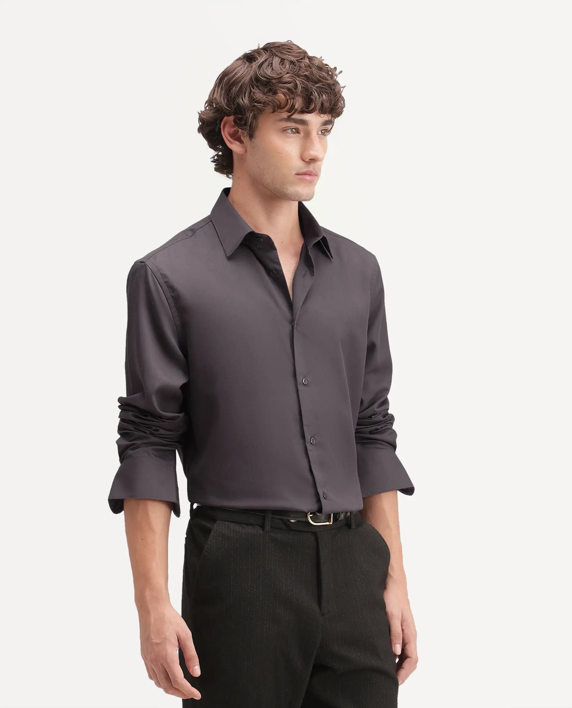 Rare Rabbit Men's Dream-26 Dusky Fawn Tencel Spread Collar Regular Plain Shirt