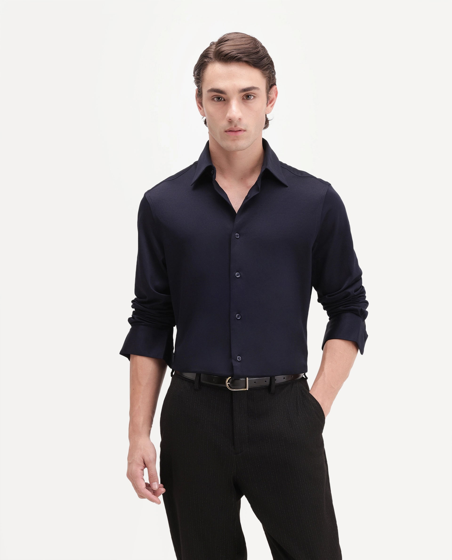 Rare Rabbit Men's Bogi-26 Navy Cotton Blend Spread Collar Regular Plain Shirt