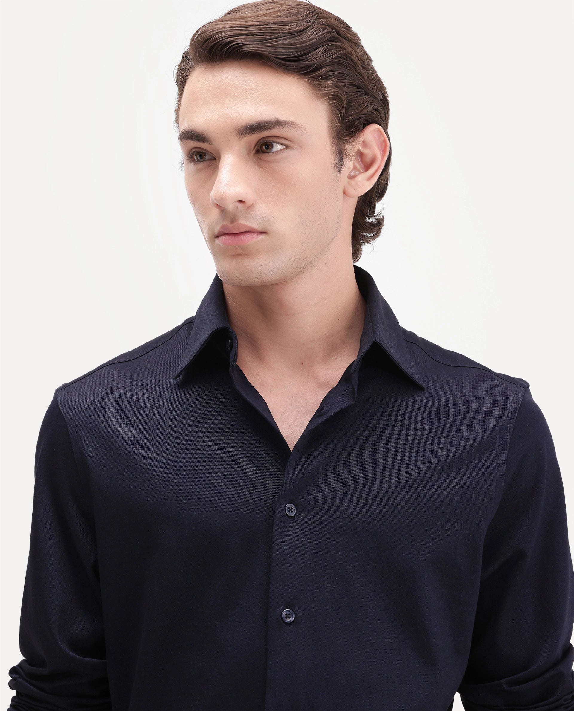 Rare Rabbit Men's Bogi-26 Navy Cotton Blend Spread Collar Regular Plain Shirt