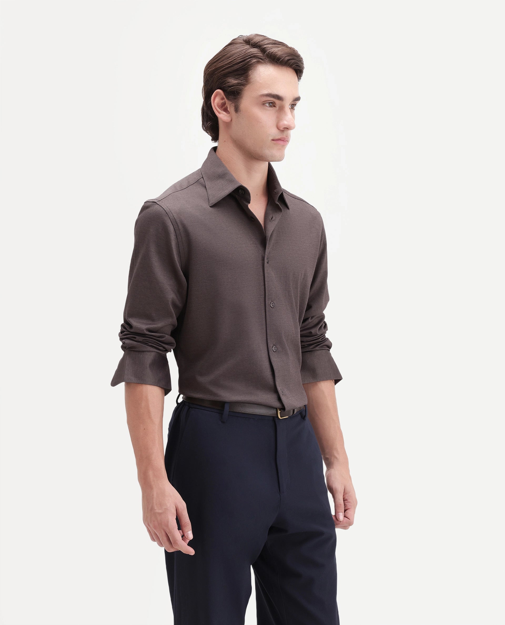 Rare Rabbit Men's Bogi-26 Dusky Brown Cotton Blend Spread Collar Regular Plain Shirt