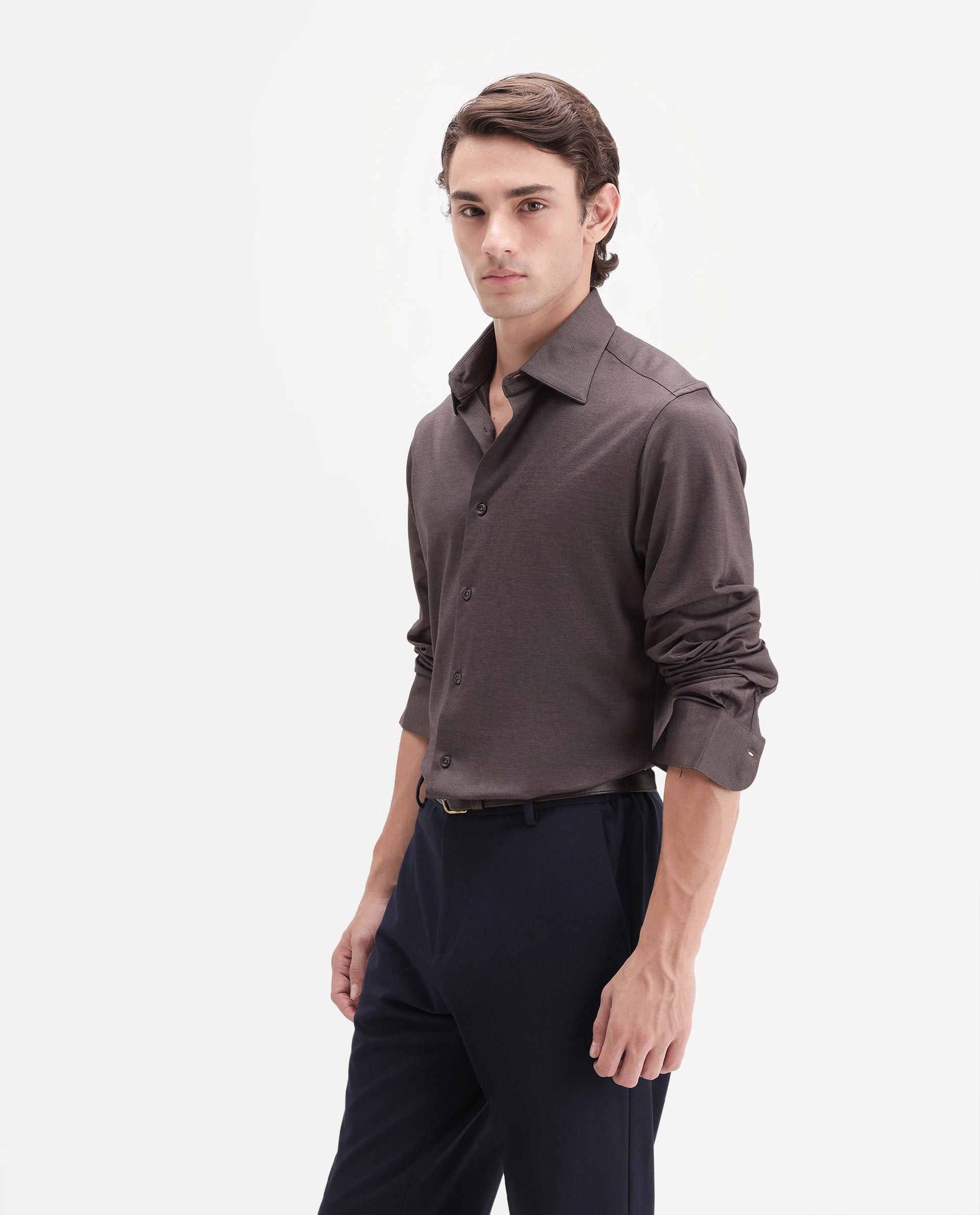 Rare Rabbit Men's Bogi-26 Dusky Brown Cotton Blend Spread Collar Regular Plain Shirt