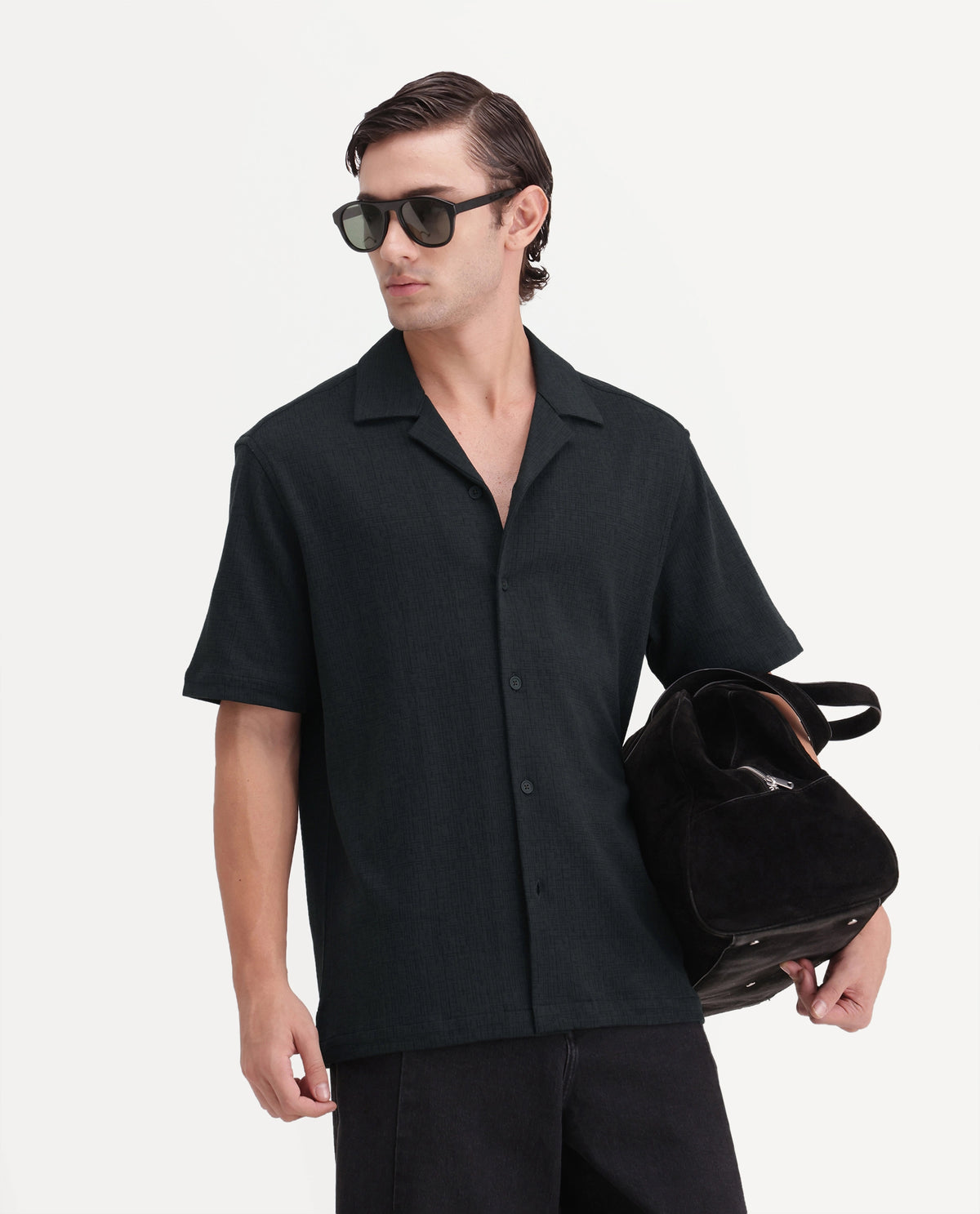 Rare Rabbit Men's Kelos-Aw26 Dark Teal Cotton Blend Cuban Collar Regular Plain Shirt