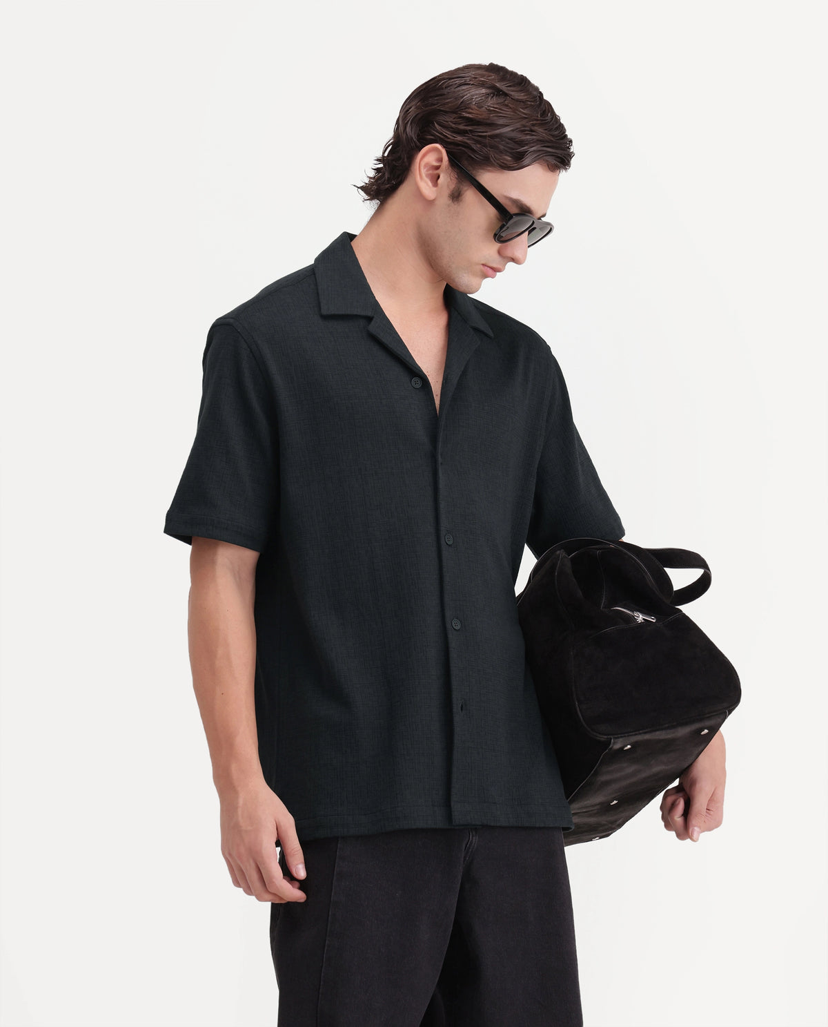 Rare Rabbit Men's Kelos-Aw26 Dark Teal Cotton Blend Cuban Collar Regular Plain Shirt