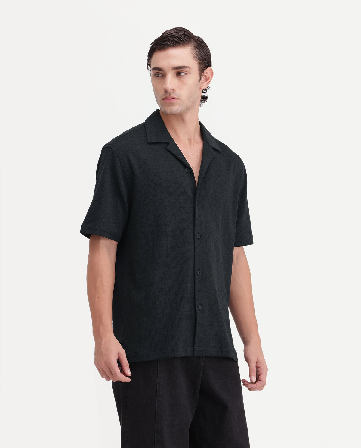 Rare Rabbit Men's Kelos-Aw26 Dark Teal Cotton Blend Cuban Collar Regular Plain Shirt