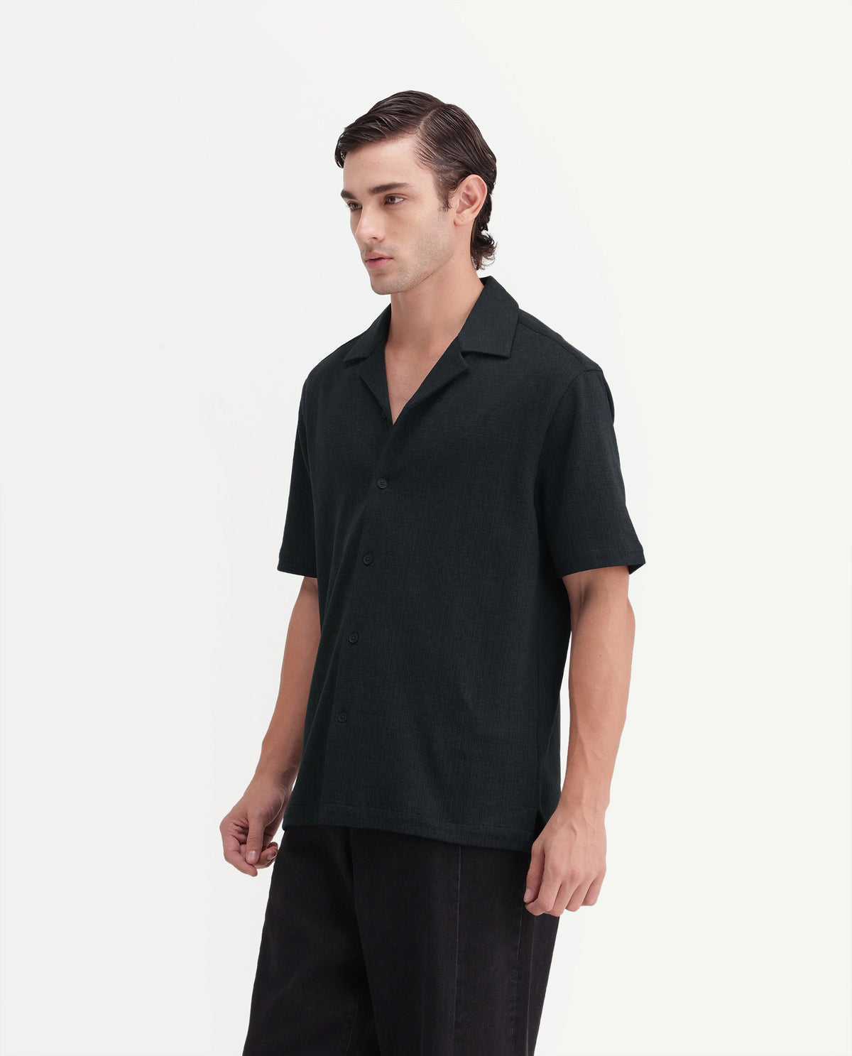 Rare Rabbit Men's Kelos-Aw26 Dark Teal Cotton Blend Cuban Collar Regular Plain Shirt