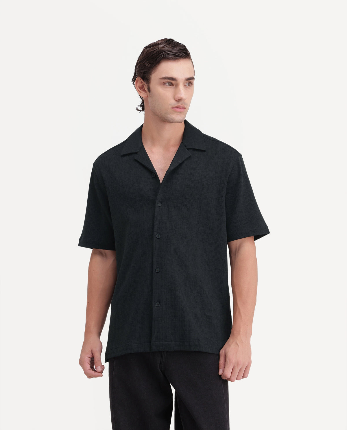 Rare Rabbit Men's Kelos-Aw26 Dark Teal Cotton Blend Cuban Collar Regular Plain Shirt