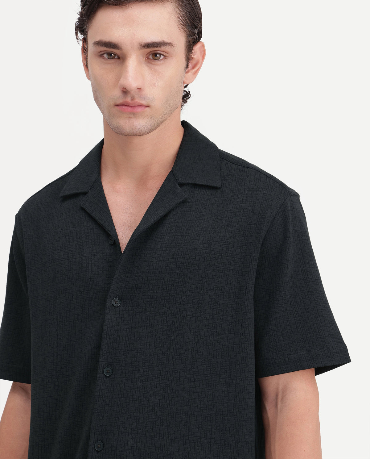 Rare Rabbit Men's Kelos-Aw26 Dark Teal Cotton Blend Cuban Collar Regular Plain Shirt
