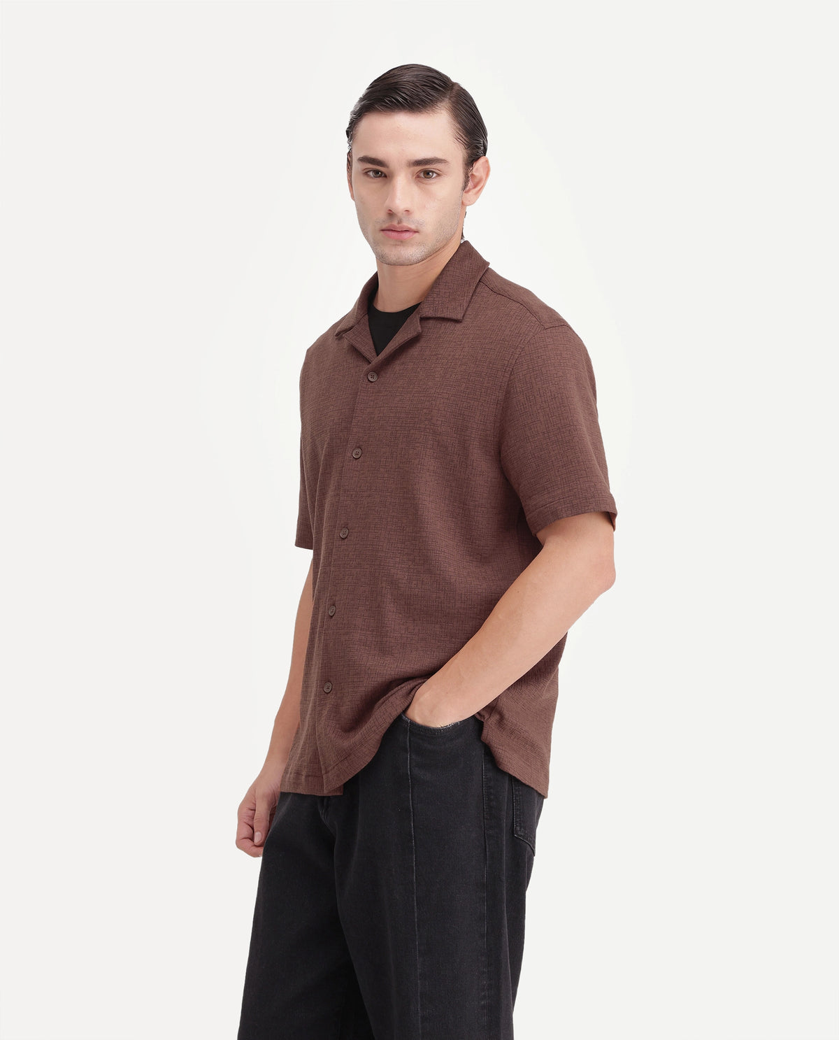 Rare Rabbit Men's Kelos-Aw26 Brown Cotton Blend Cuban Collar Regular Plain Shirt