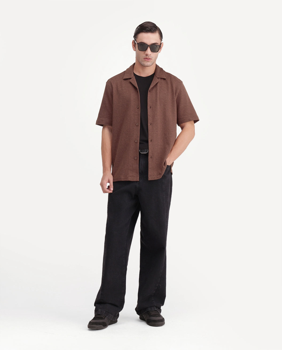 Rare Rabbit Men's Kelos-Aw26 Brown Cotton Blend Cuban Collar Regular Plain Shirt