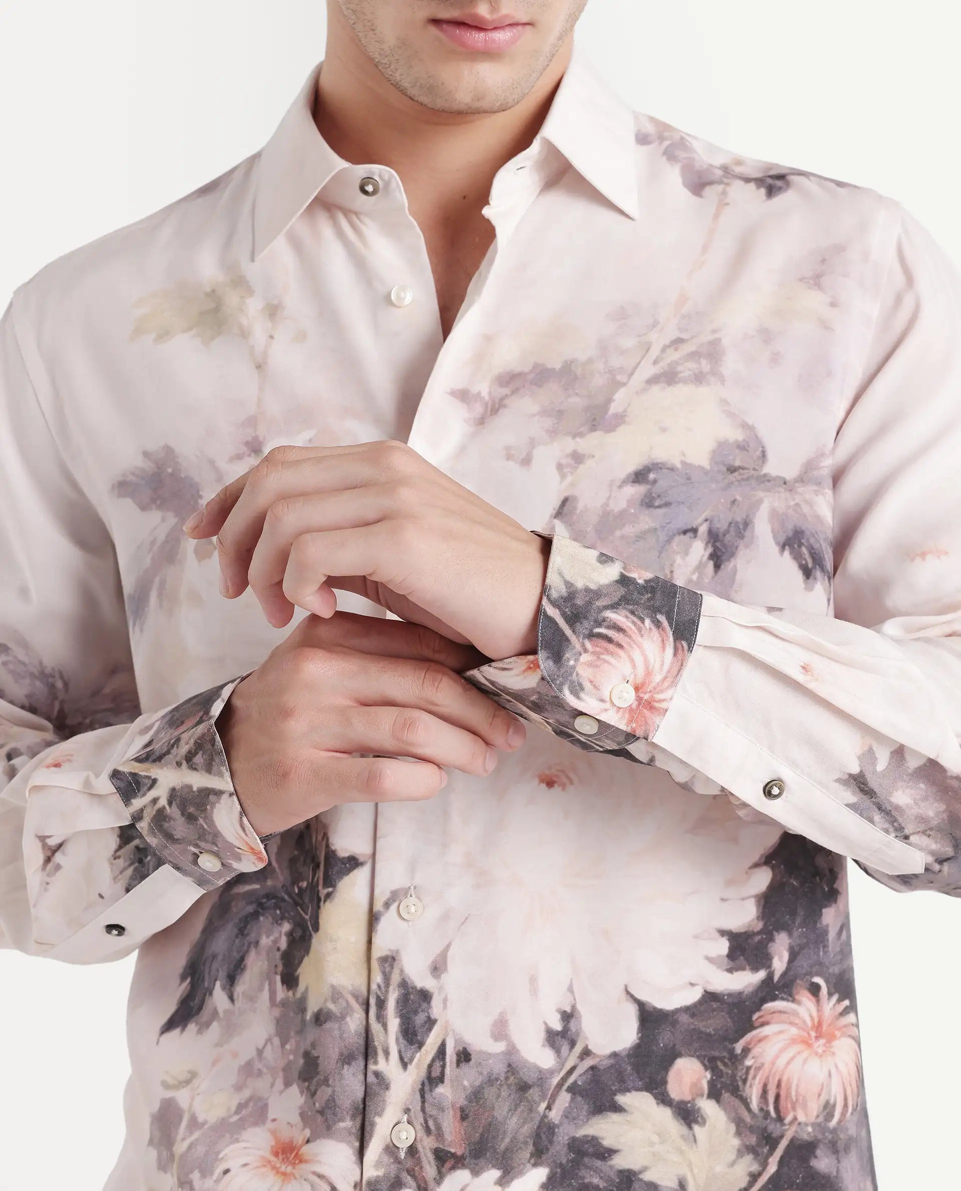 Rare Rabbit Men's Doms Light Beige Viscose Spread Collar Regular Floral Print Shirt