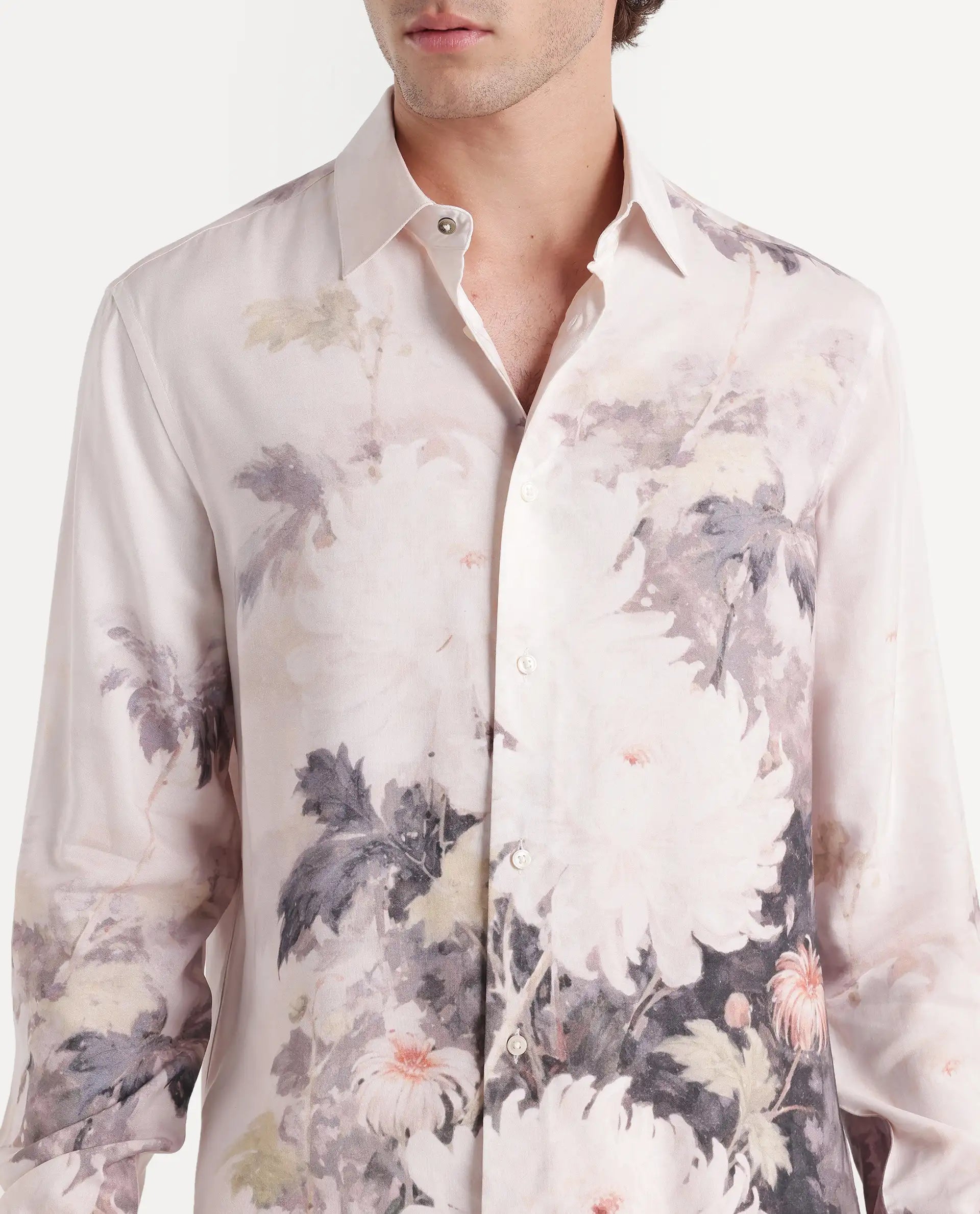 Rare Rabbit Men's Doms Light Beige Viscose Spread Collar Regular Floral Print Shirt