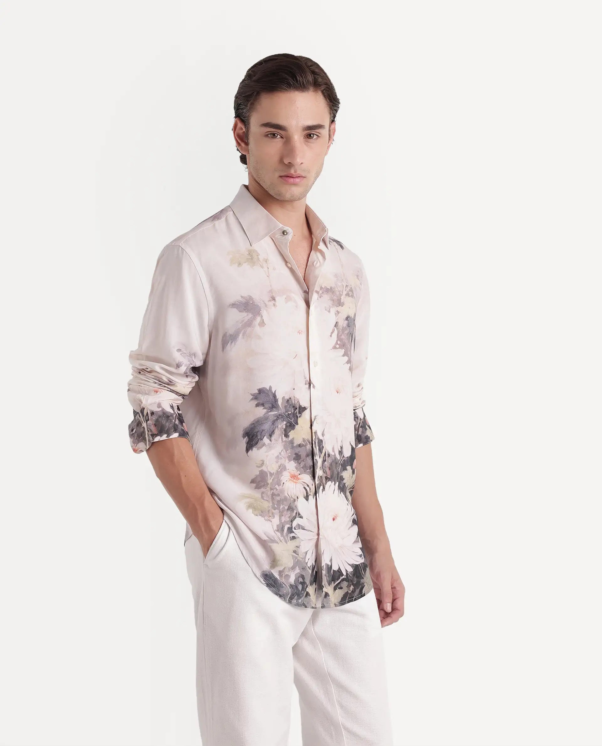 Rare Rabbit Men's Doms Light Beige Viscose Spread Collar Regular Floral Print Shirt