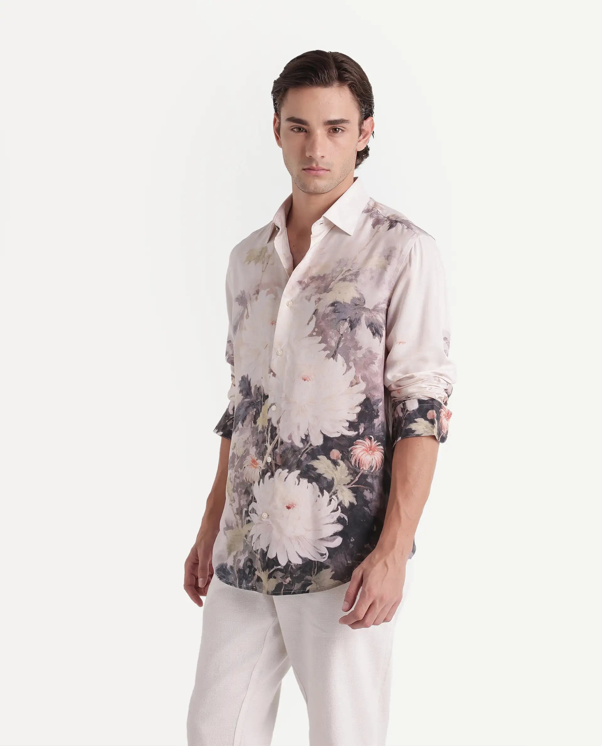 Rare Rabbit Men's Doms Light Beige Viscose Spread Collar Regular Floral Print Shirt