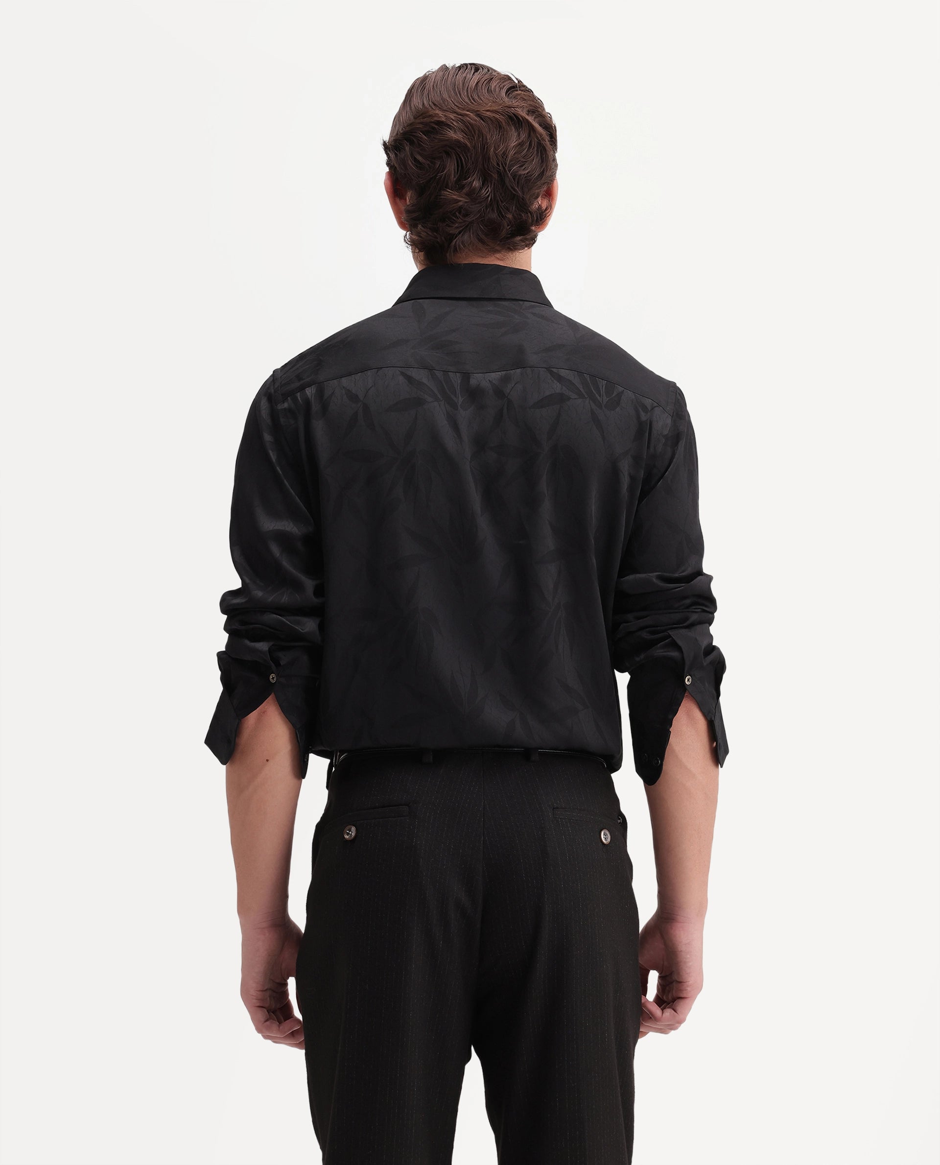 Rare Rabbit Men's Shin Black Polyester Blend Spread Collar Regular Jacquard Shirt