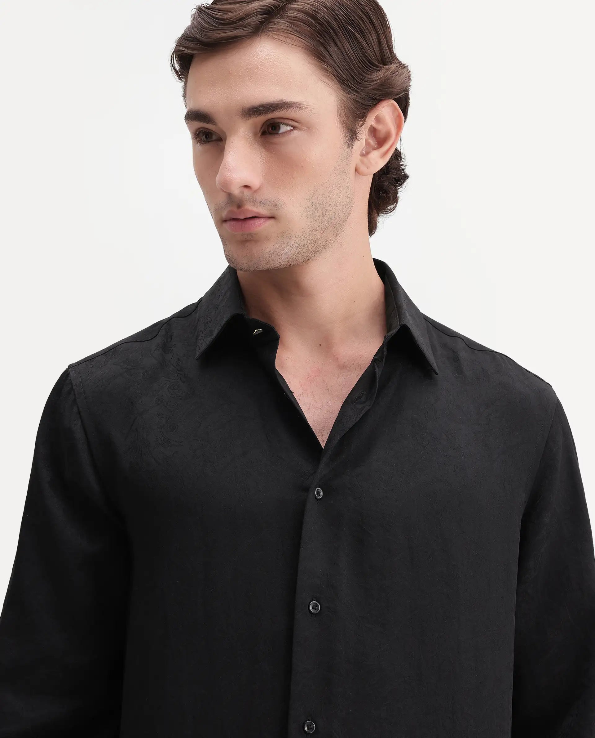 Rare Rabbit Men's Rex Black Polyester Blend Spread Collar Regular Jacquard Shirt