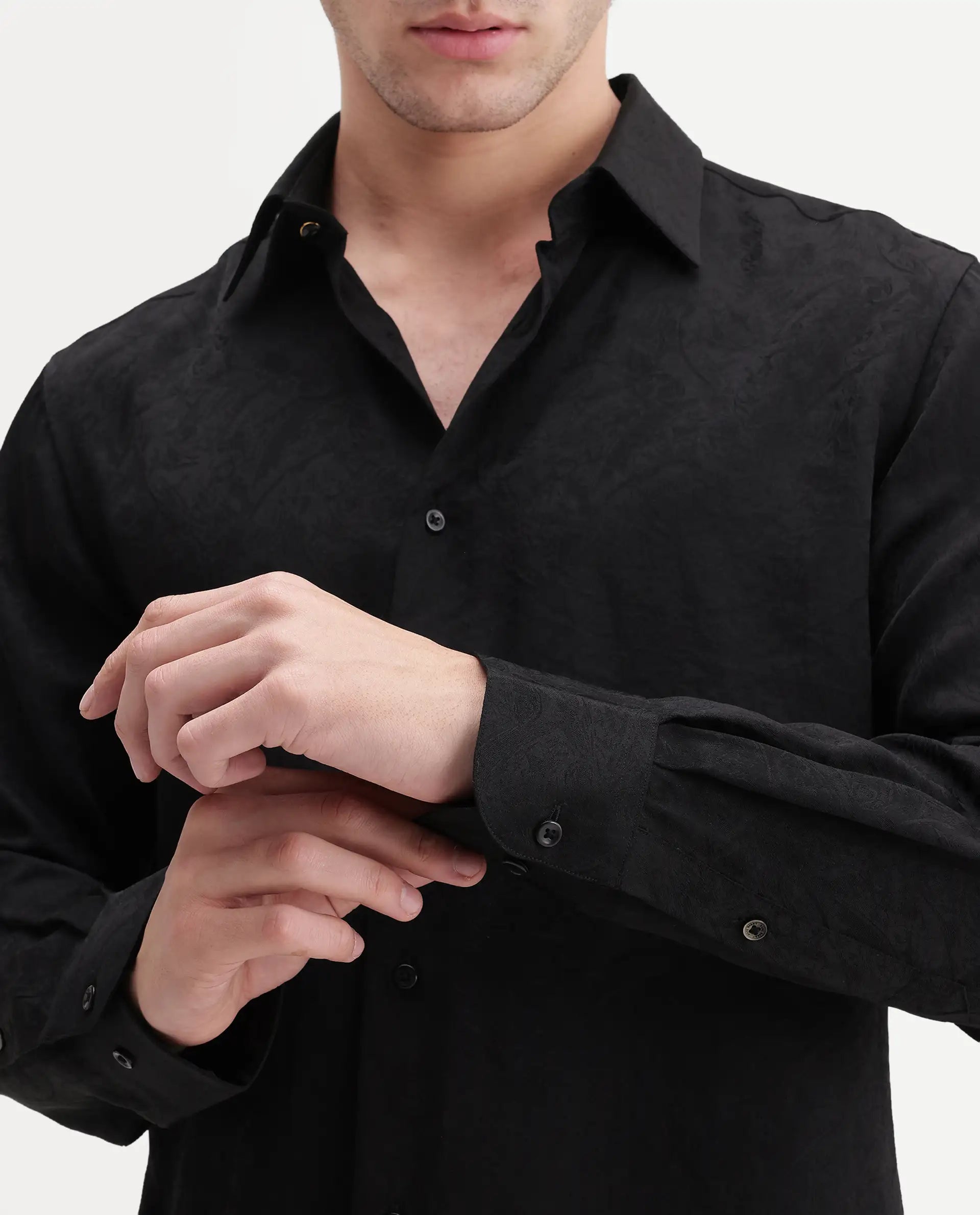 Rare Rabbit Men's Rex Black Polyester Blend Spread Collar Regular Jacquard Shirt
