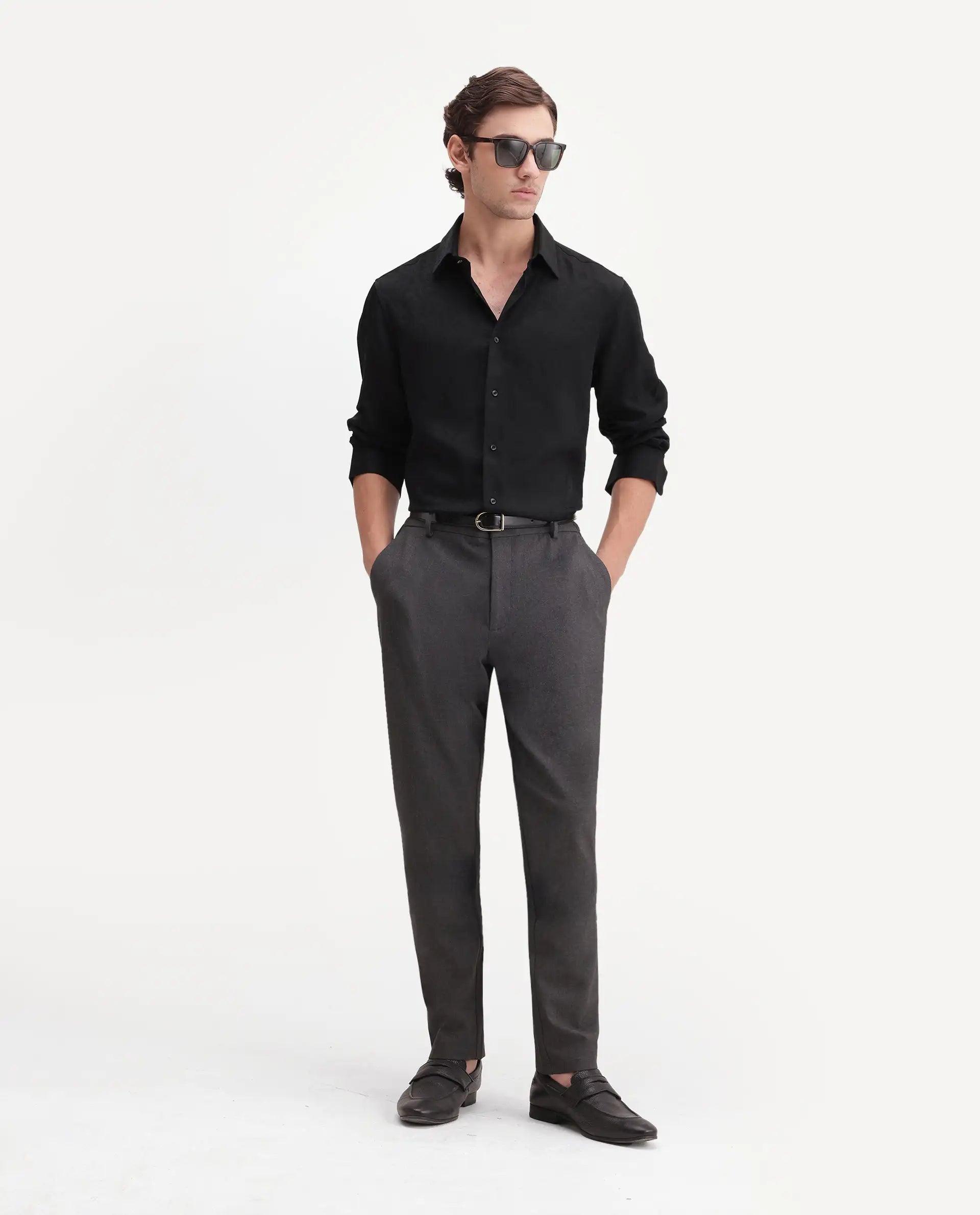 Rare Rabbit Men's Rex Black Polyester Blend Spread Collar Regular Jacquard Shirt