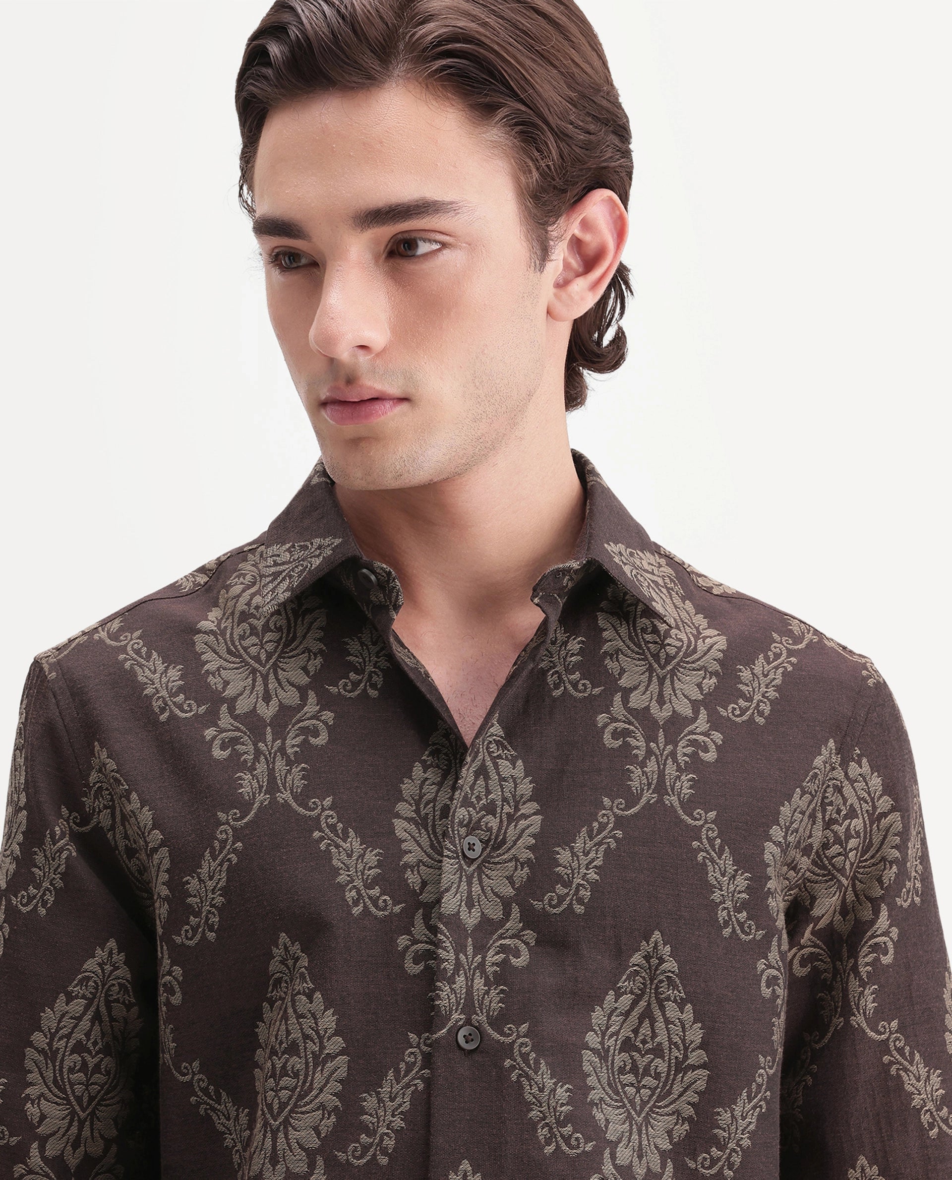 Rare Rabbit Men's Tiel-26 Dusky Brown Cotton Blend Spread Collar Regular Jacquard Shirt