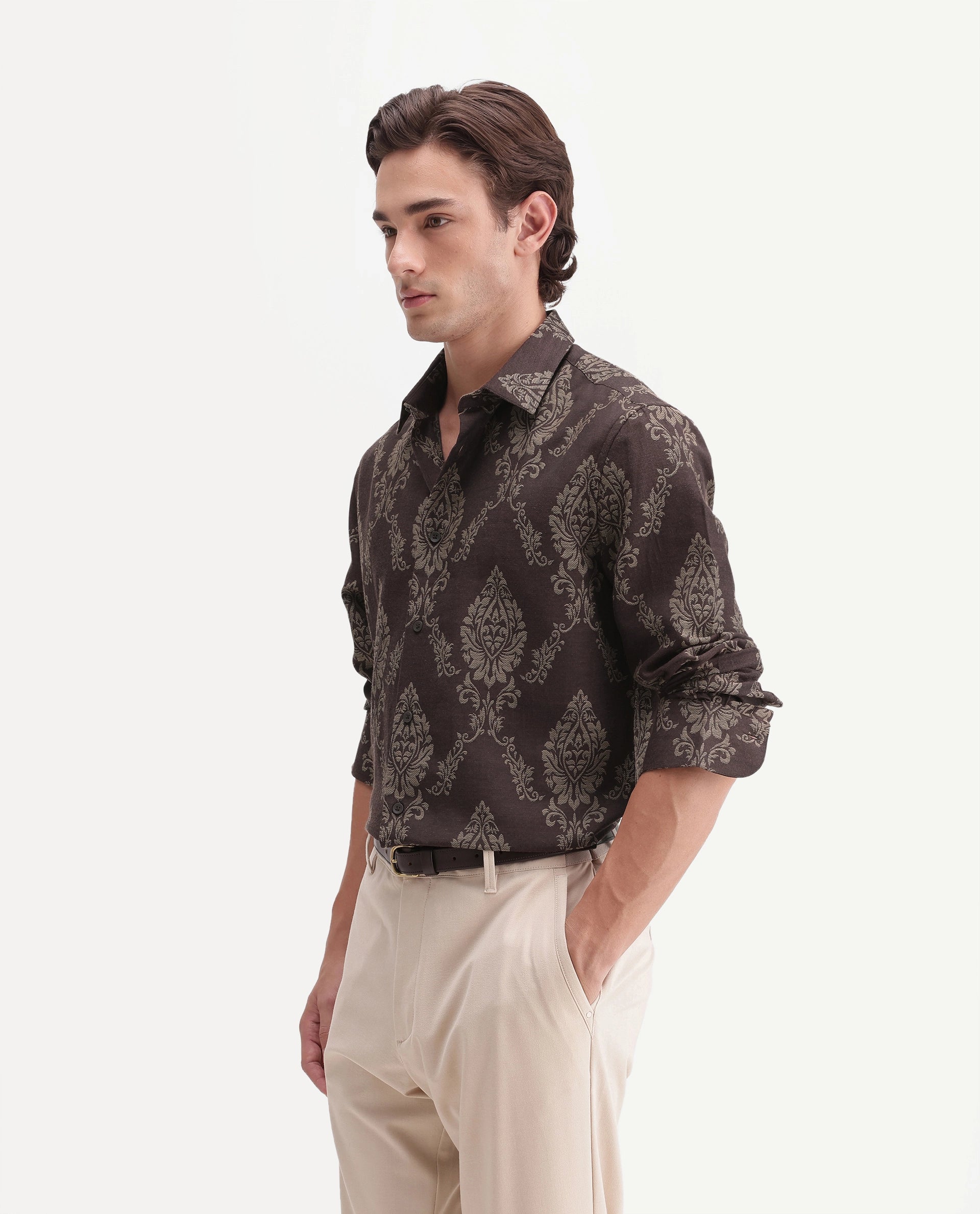 Rare Rabbit Men's Tiel-26 Dusky Brown Cotton Blend Spread Collar Regular Jacquard Shirt