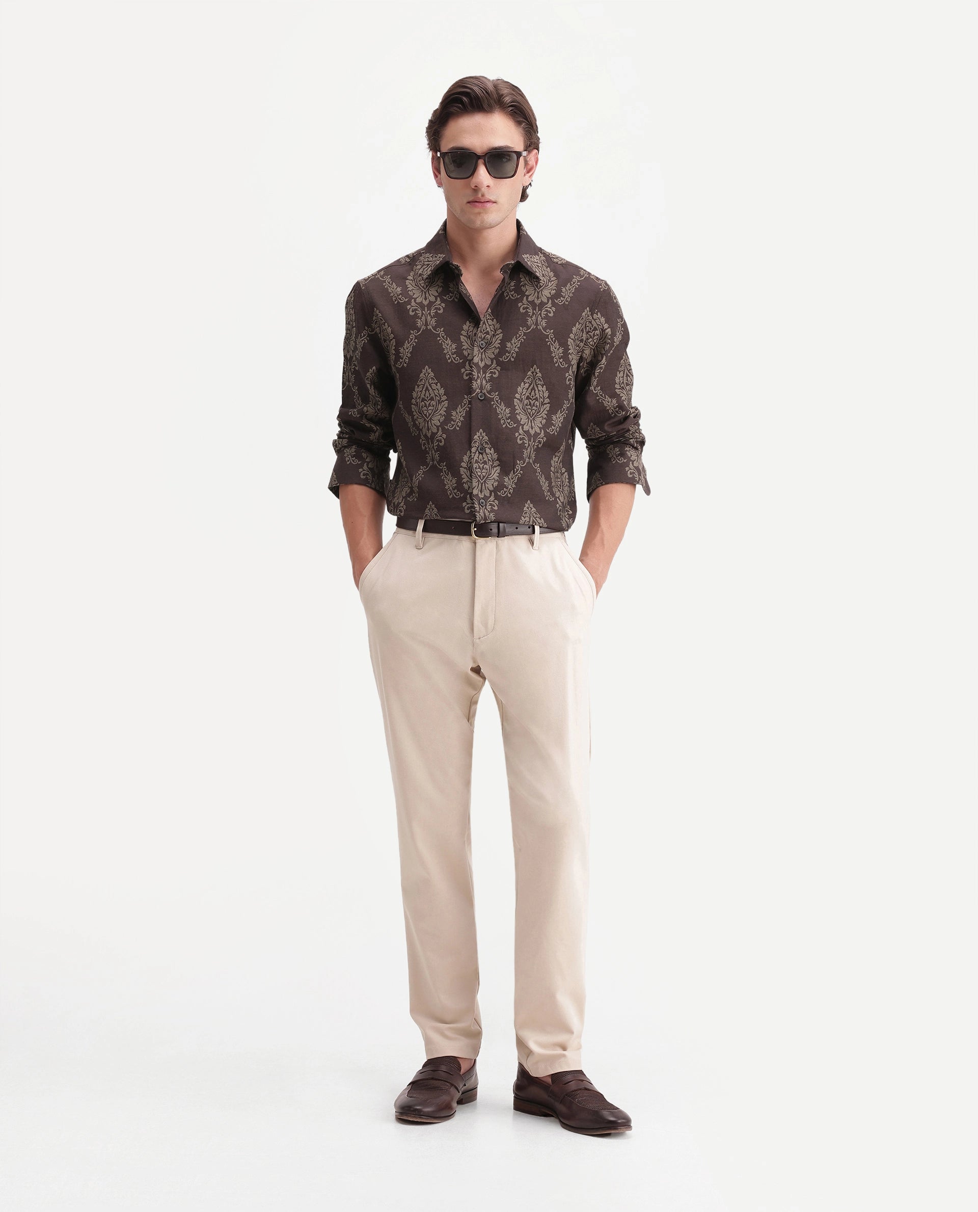 Rare Rabbit Men's Tiel-26 Dusky Brown Cotton Blend Spread Collar Regular Jacquard Shirt