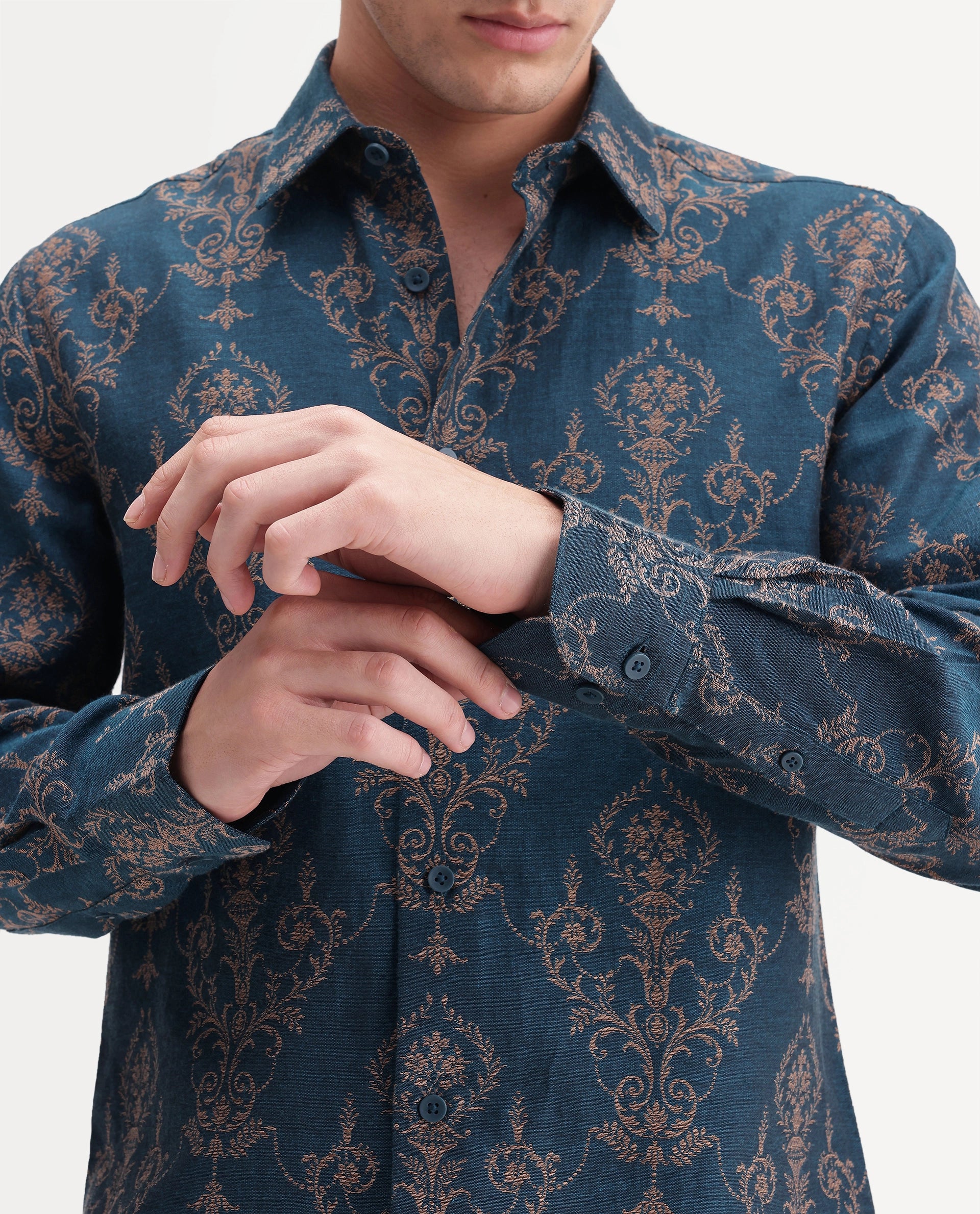 Rare Rabbit Men's Tiel-26 Teal Cotton Blend Spread Collar Regular Jacquard Shirt
