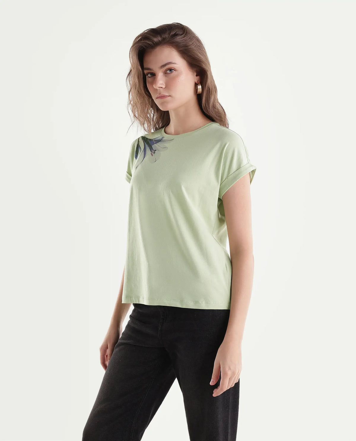 Rareism Women's Mattaduro Pastel Green Cotton Blend Crew Neck Relaxed Floral Print T-Shirt