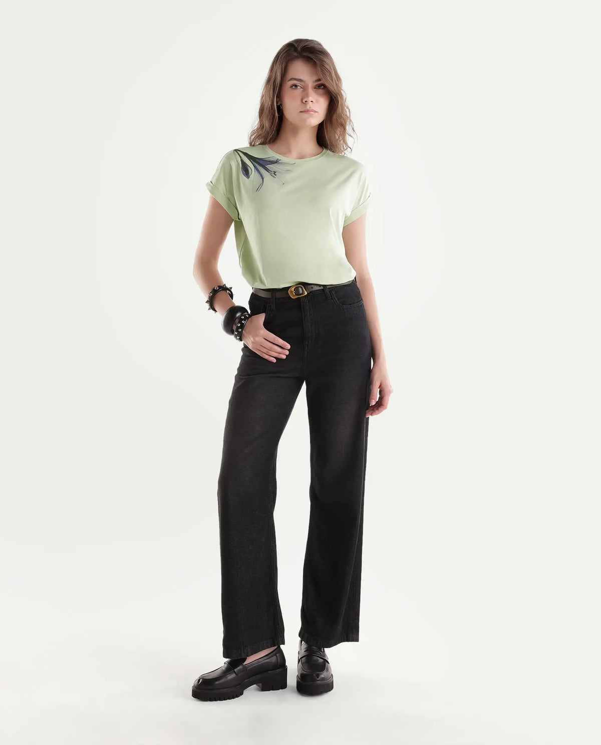 Rareism Women's Mattaduro Pastel Green Cotton Blend Crew Neck Relaxed Floral Print T-Shirt
