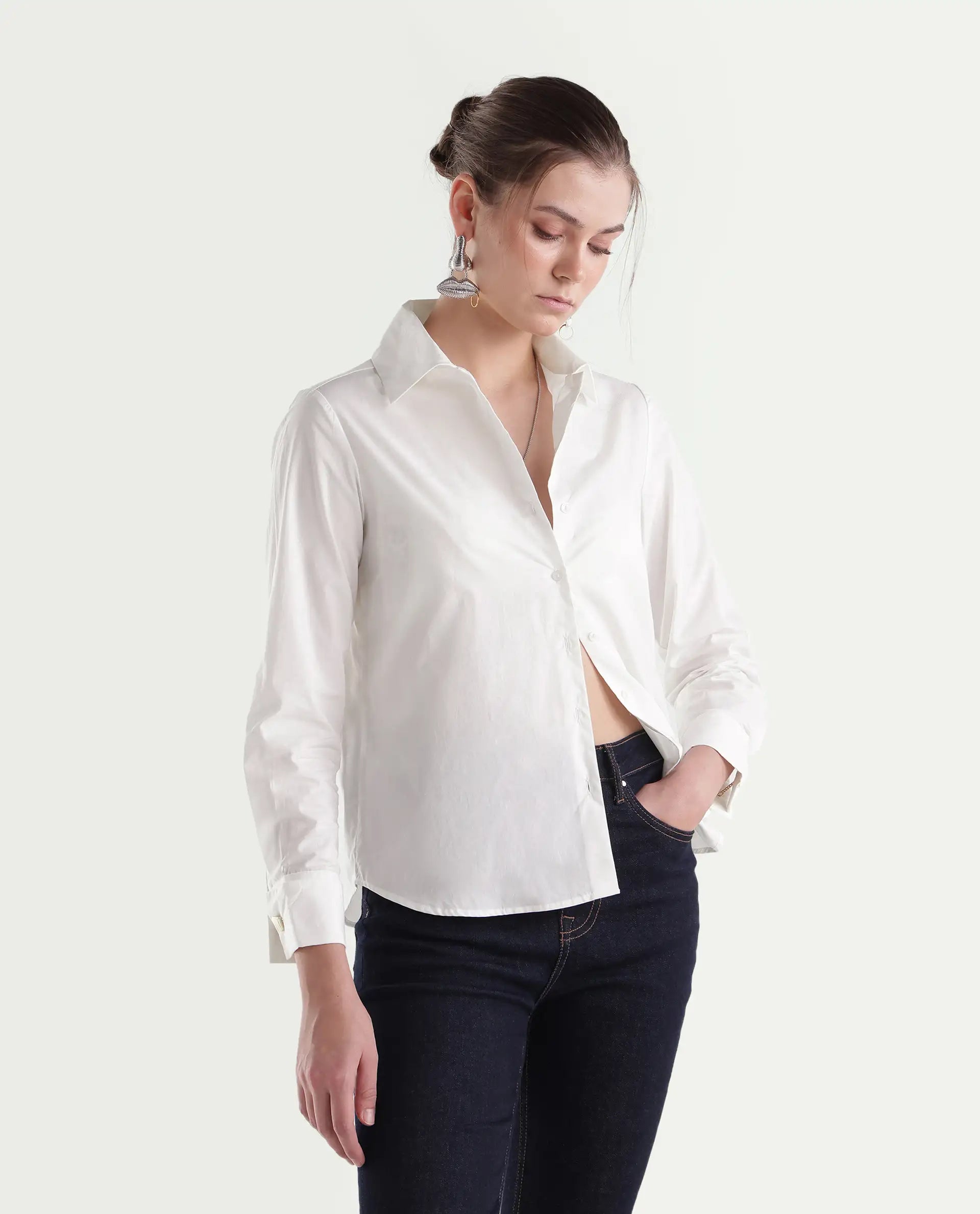 Rareism Women's Ronwio Light White Cotton Spread Collar Regular Plain Shirt