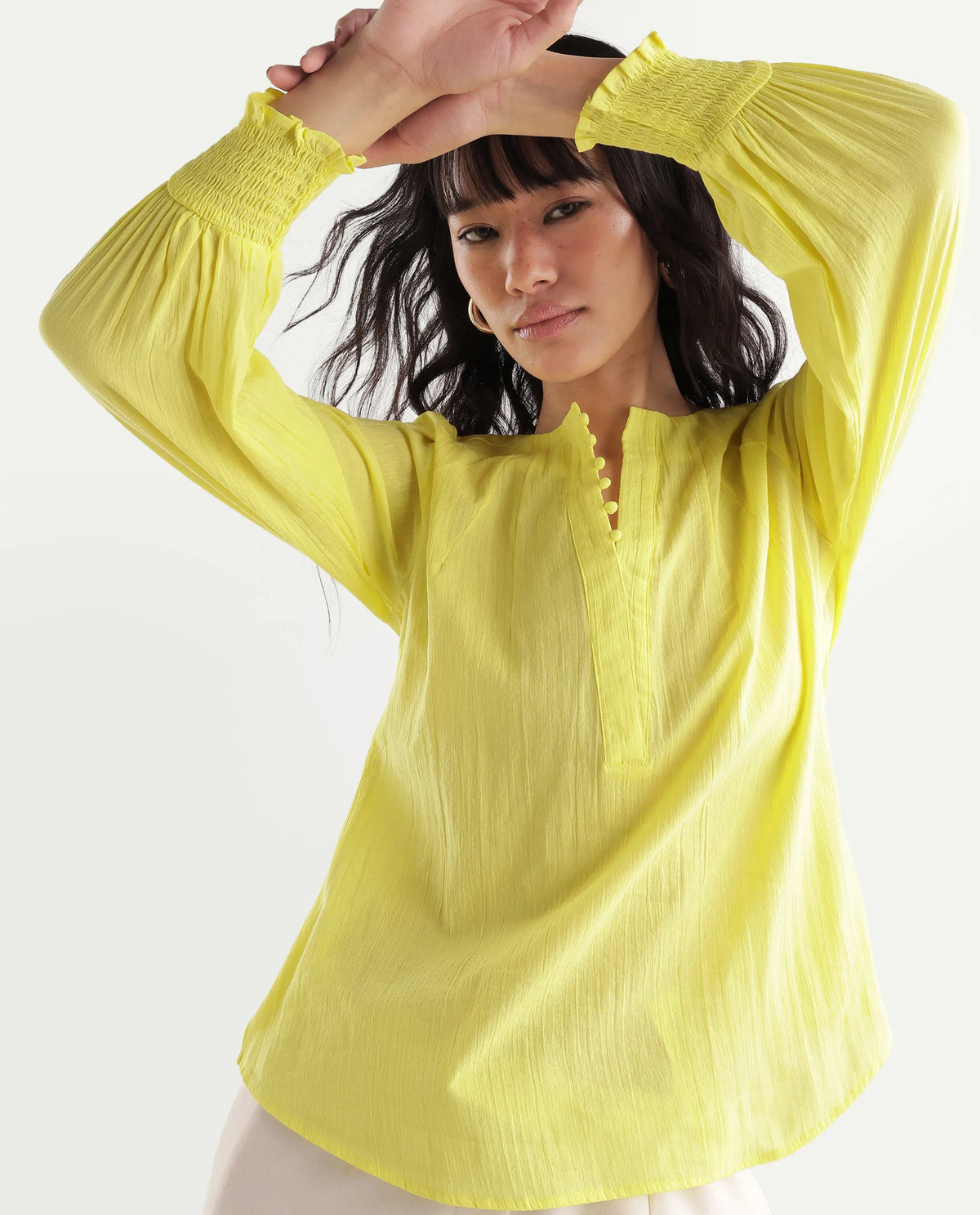 Rareism Women's Mante Yellow Cotton V-Neck Regular Plain Top