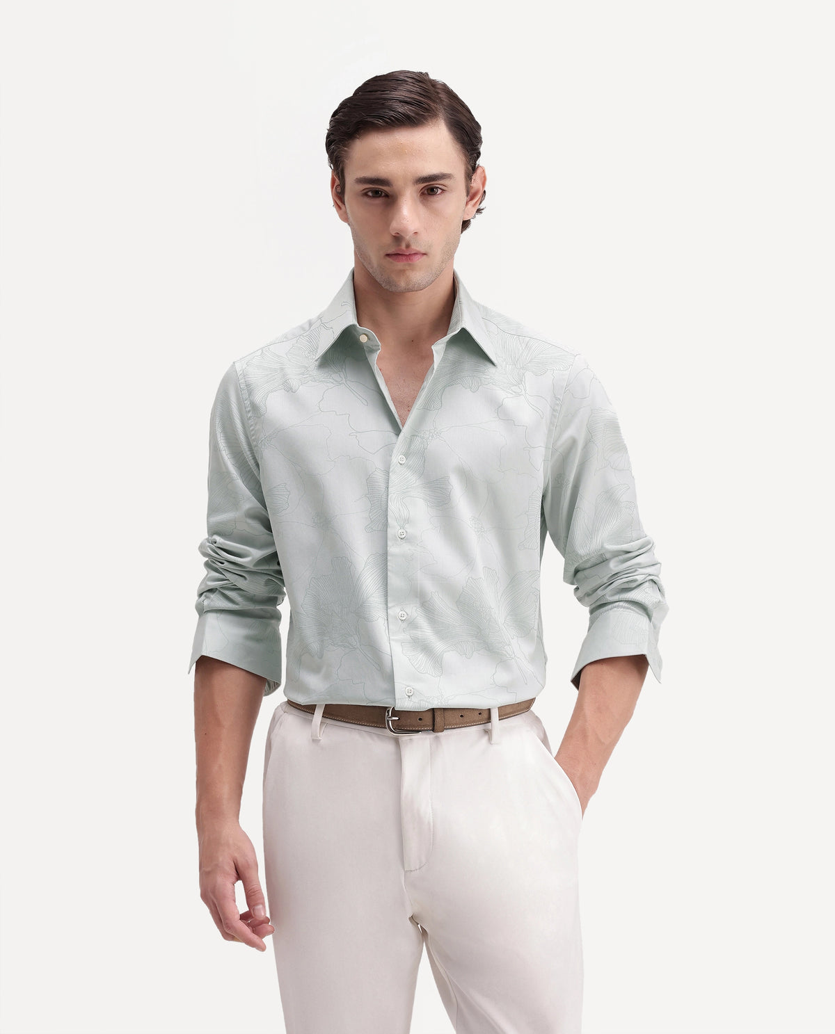 Rare Rabbit Men's Rott Light Green Cotton Spread Collar Regular Jacquard Shirt