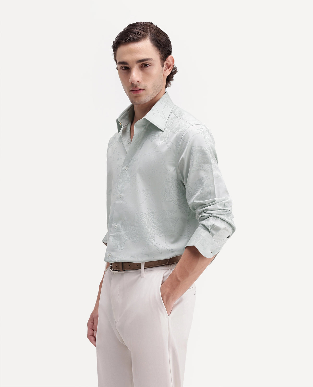Rare Rabbit Men's Rott Light Green Cotton Spread Collar Regular Jacquard Shirt