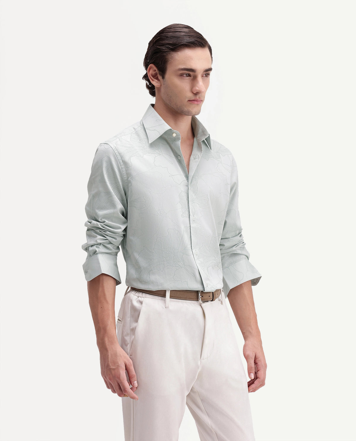 Rare Rabbit Men's Rott Light Green Cotton Spread Collar Regular Jacquard Shirt