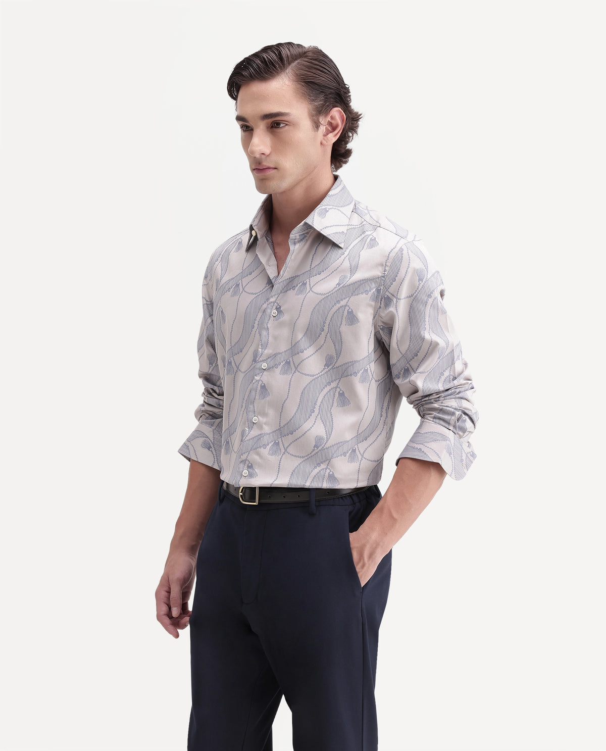 Rare Rabbit Men's Zeal Light Grey Cotton Spread Collar Regular Jacquard Shirt