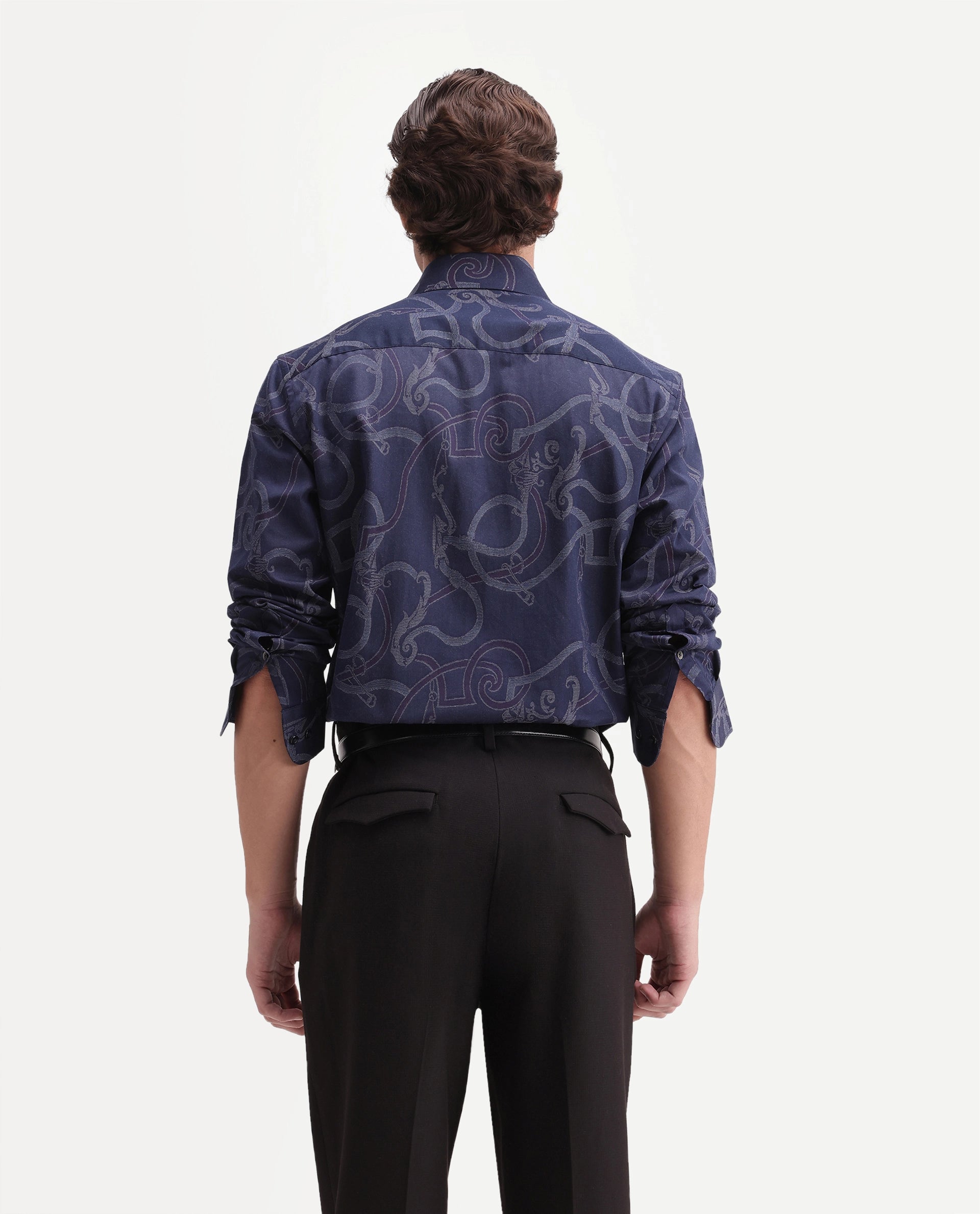 Rare Rabbit Men's Eddy Dark Blue Cotton Spread Collar Regular Jacquard Shirt