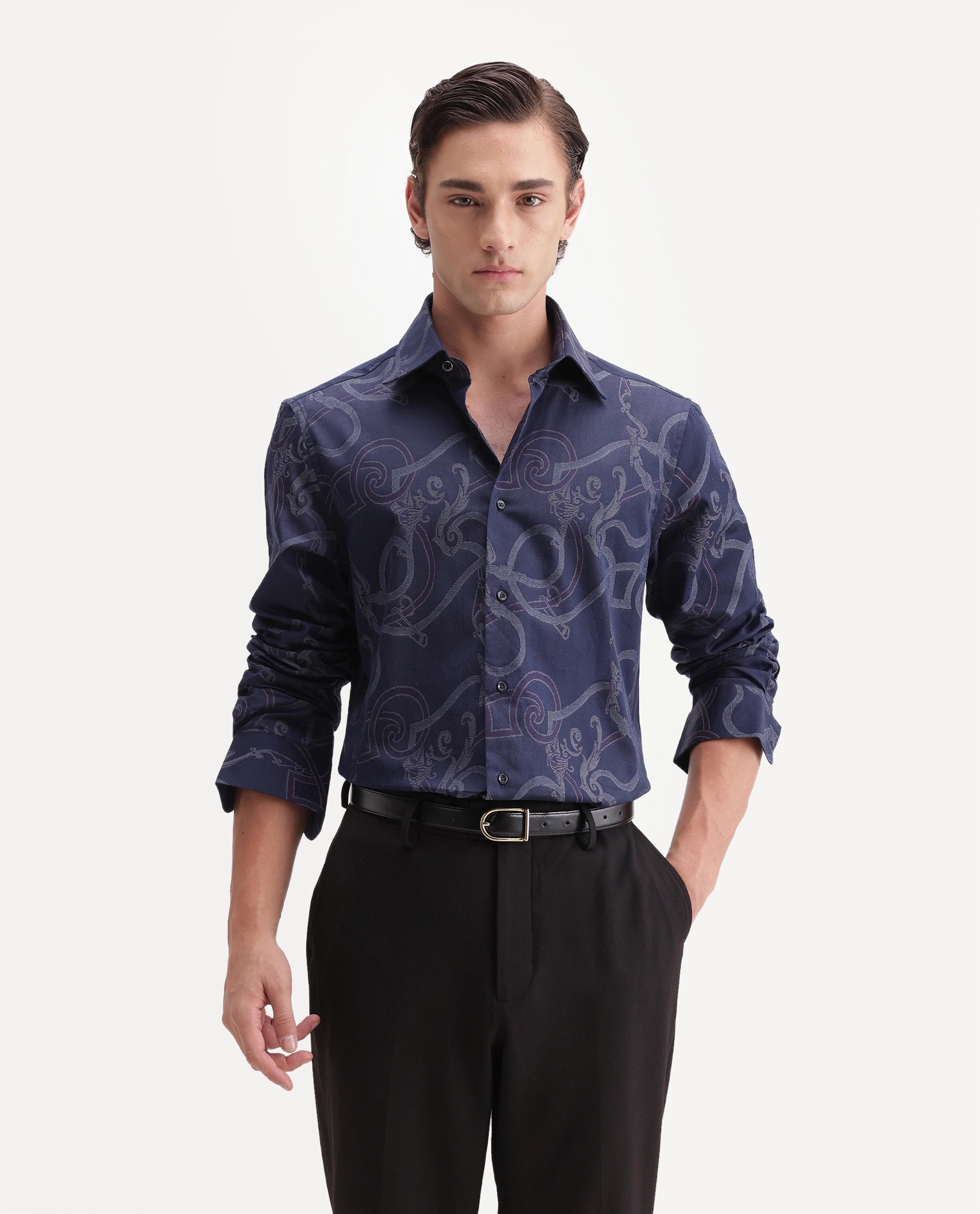 Rare Rabbit Men's Eddy Dark Blue Cotton Spread Collar Regular Jacquard Shirt