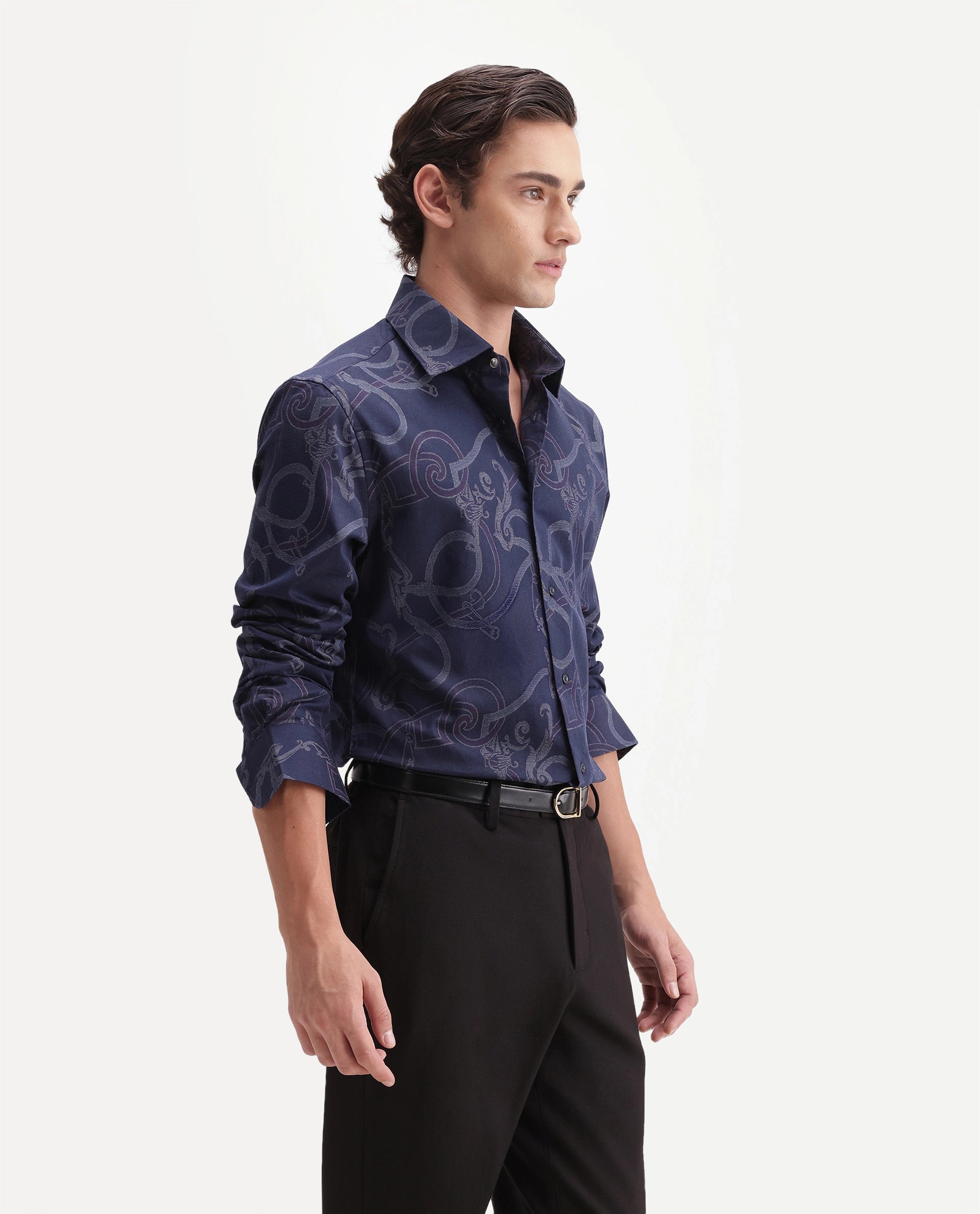 Rare Rabbit Men's Eddy Dark Blue Cotton Spread Collar Regular Jacquard Shirt