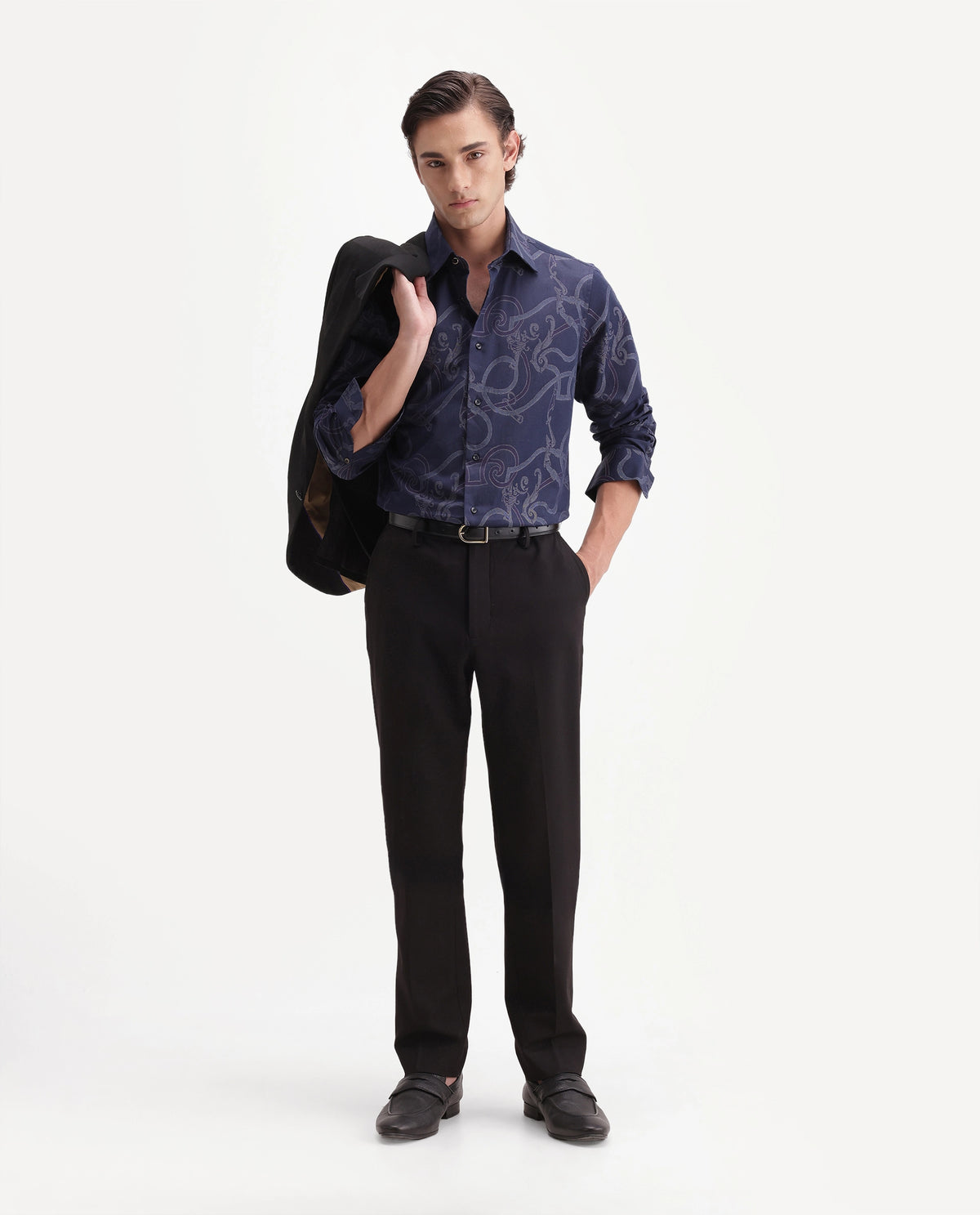 Rare Rabbit Men's Eddy Dark Blue Cotton Spread Collar Regular Jacquard Shirt