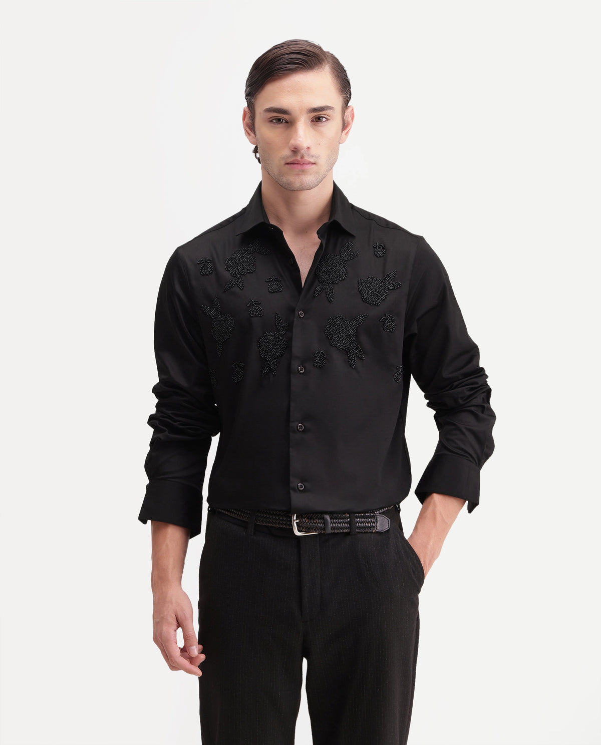 Rare Rabbit Men's Radi Black Cotton Blend Spread Collar Regular Embroidered Shirt