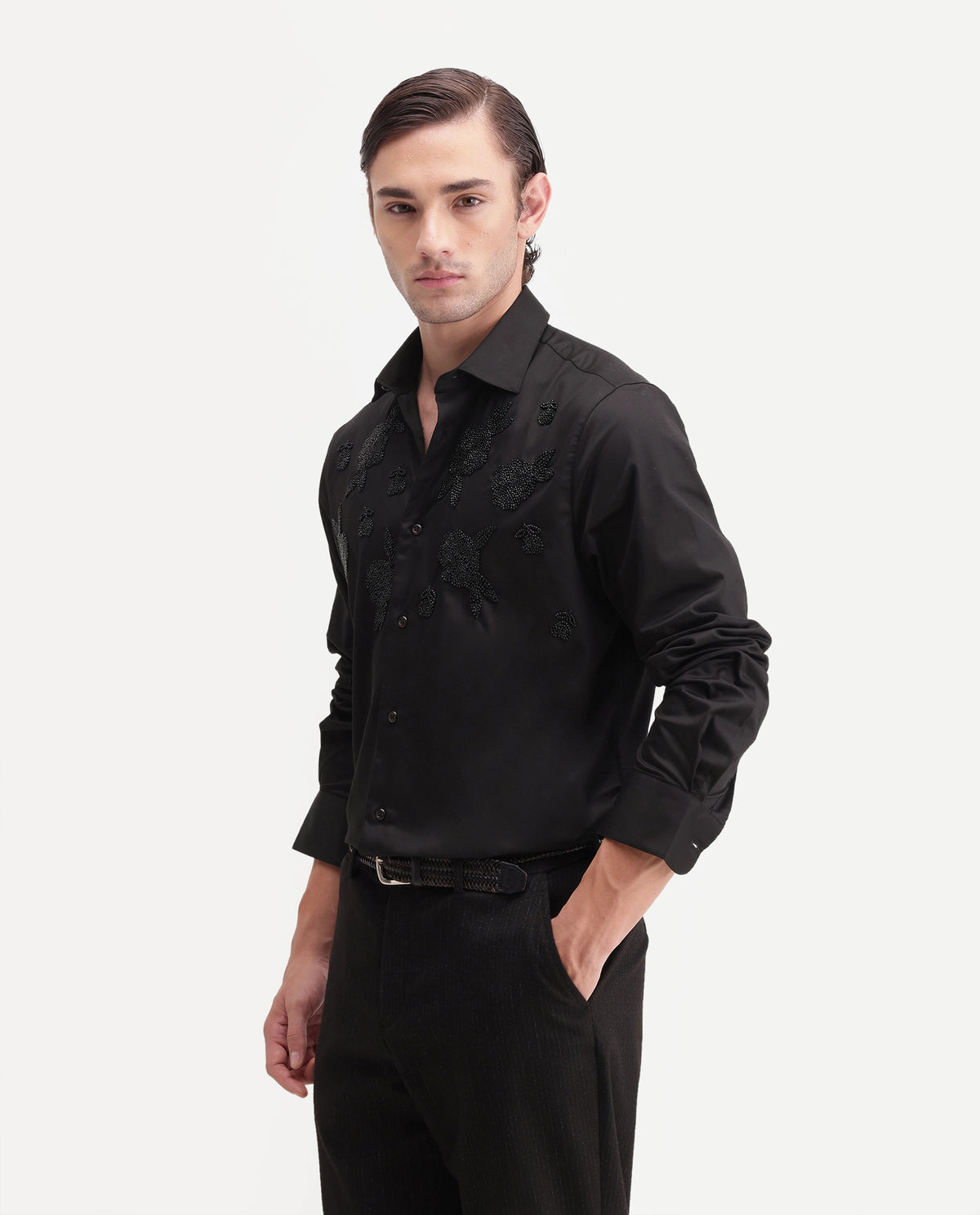 Rare Rabbit Men's Radi Black Cotton Blend Spread Collar Regular Embroidered Shirt