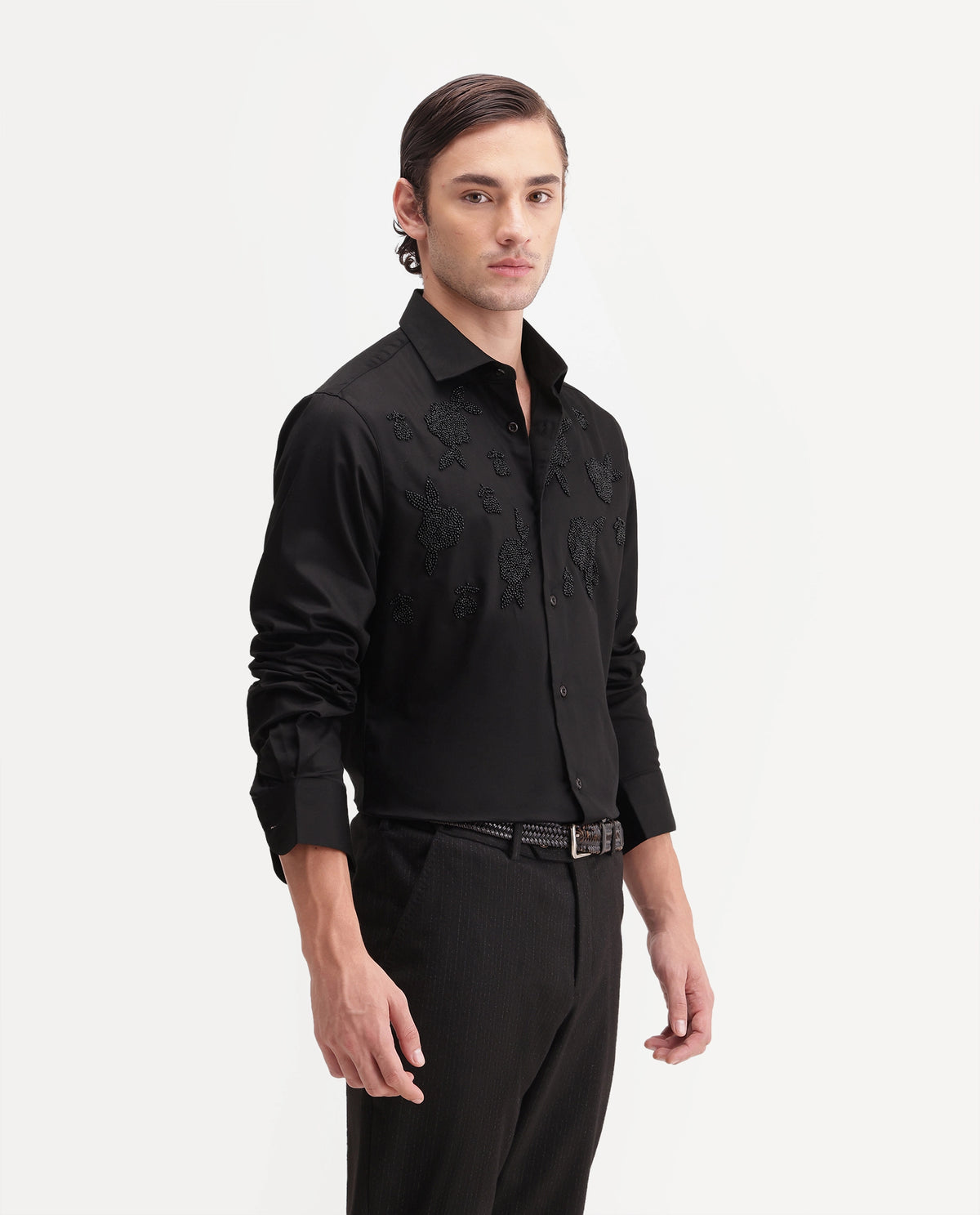 Rare Rabbit Men's Radi Black Cotton Blend Spread Collar Regular Embroidered Shirt