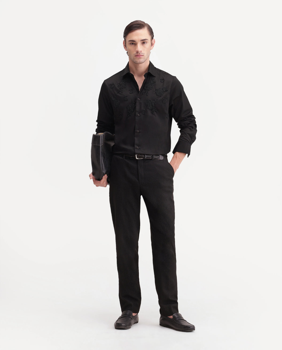 Rare Rabbit Men's Radi Black Cotton Blend Spread Collar Regular Embroidered Shirt