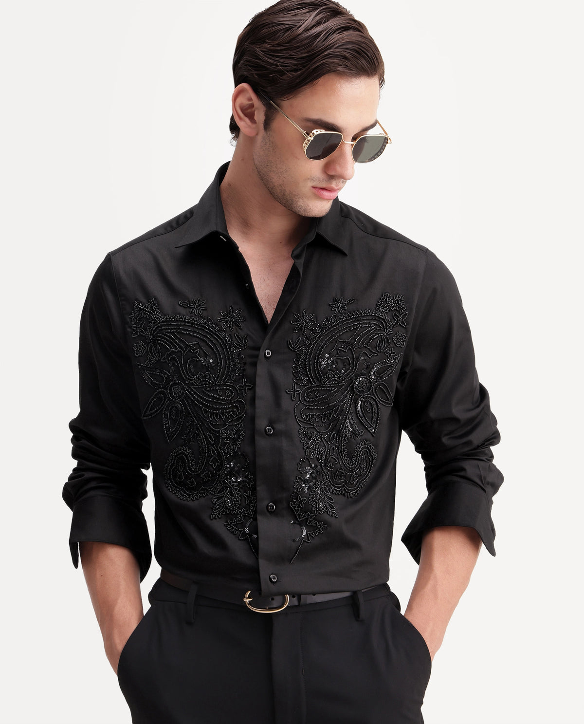Rare Rabbit Men's Blit Black Cotton Blend Spread Collar Regular Embroidered Shirt