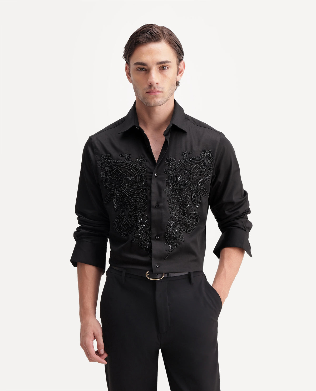 Rare Rabbit Men's Blit Black Cotton Blend Spread Collar Regular Embroidered Shirt