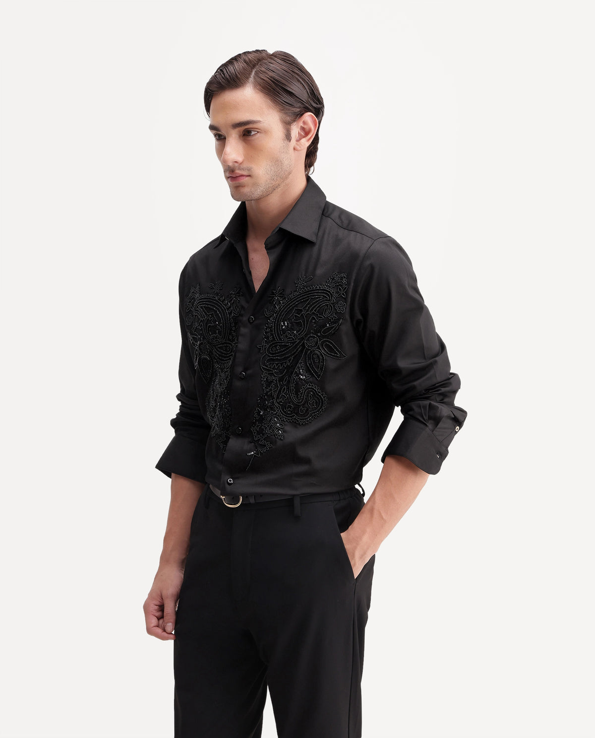 Rare Rabbit Men's Blit Black Cotton Blend Spread Collar Regular Embroidered Shirt