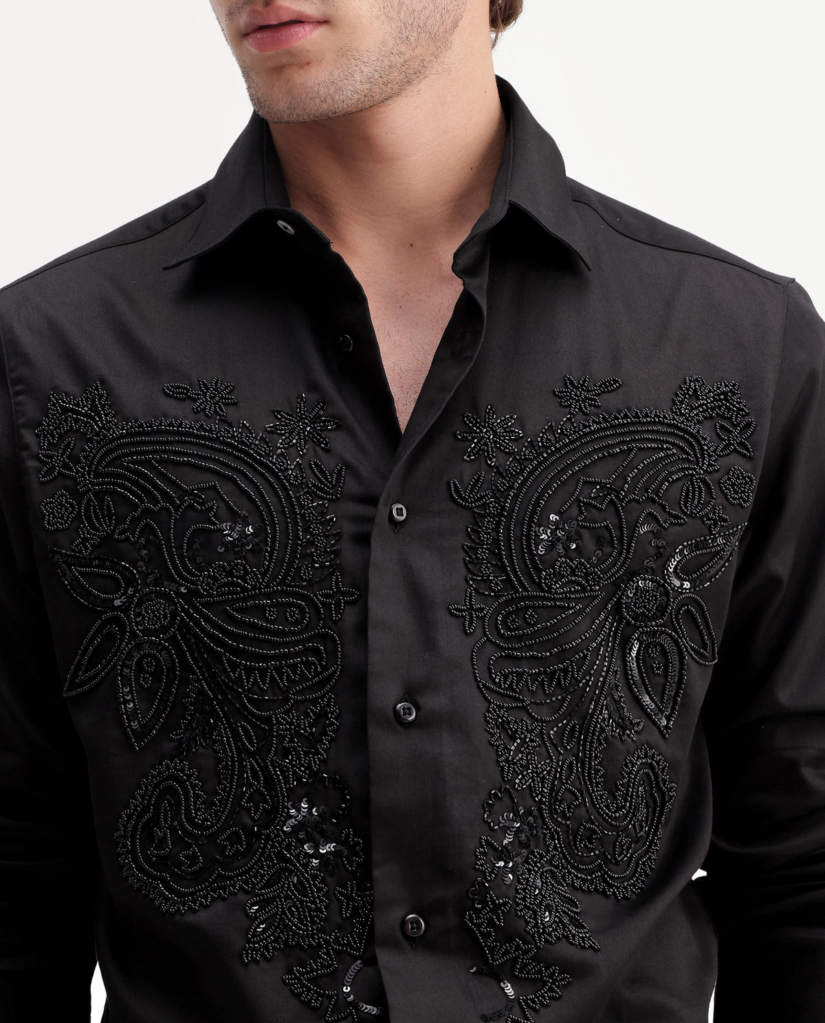 Rare Rabbit Men's Blit Black Cotton Blend Spread Collar Regular Embroidered Shirt