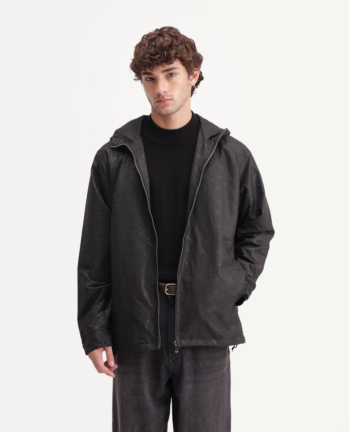 Rare Rabbit Men's Watson Black Polyester Hooded Regular Textured Jacket