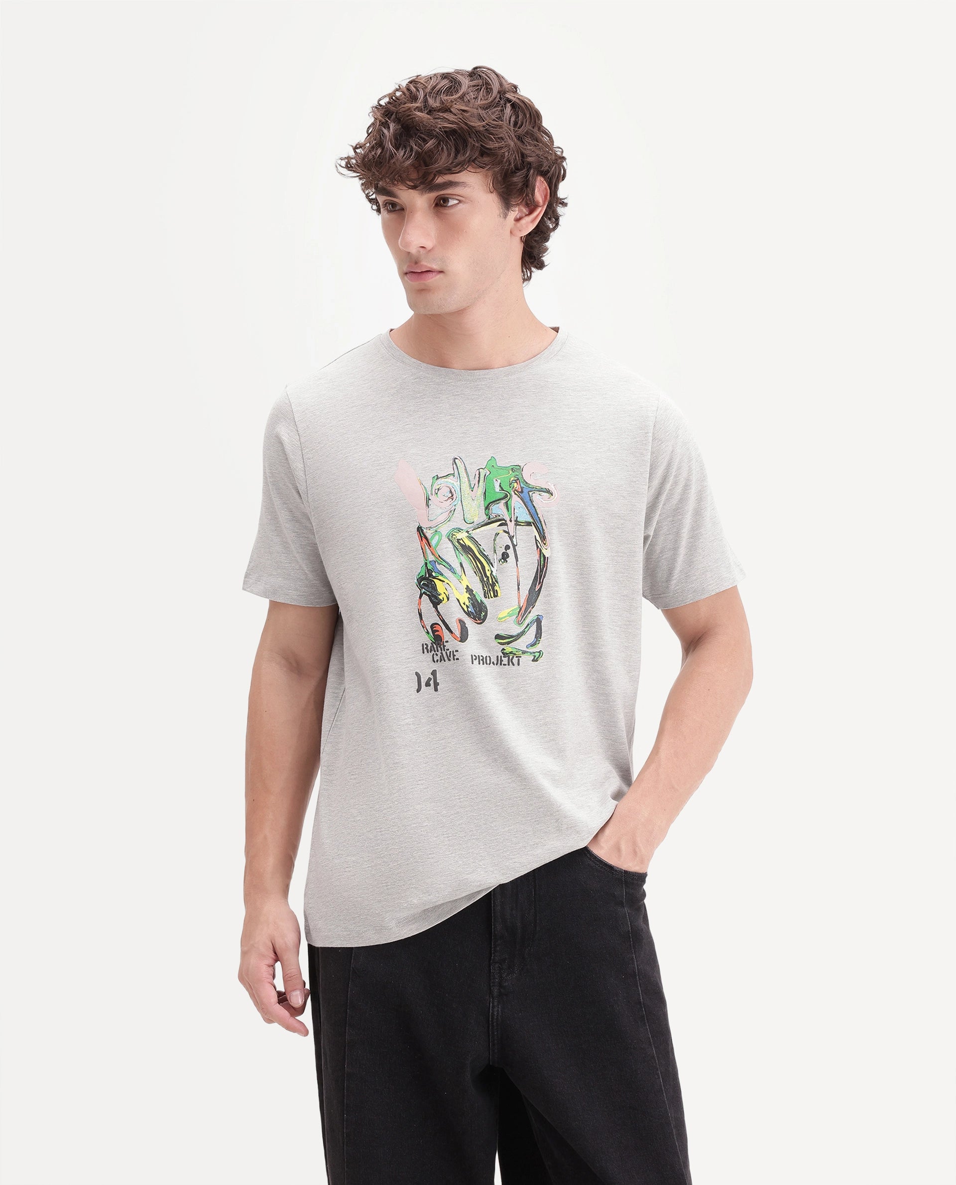 Rare Rabbit Men's Eos Light Grey Cotton Blend Crew Neck Regular Graphic Print T-Shirt