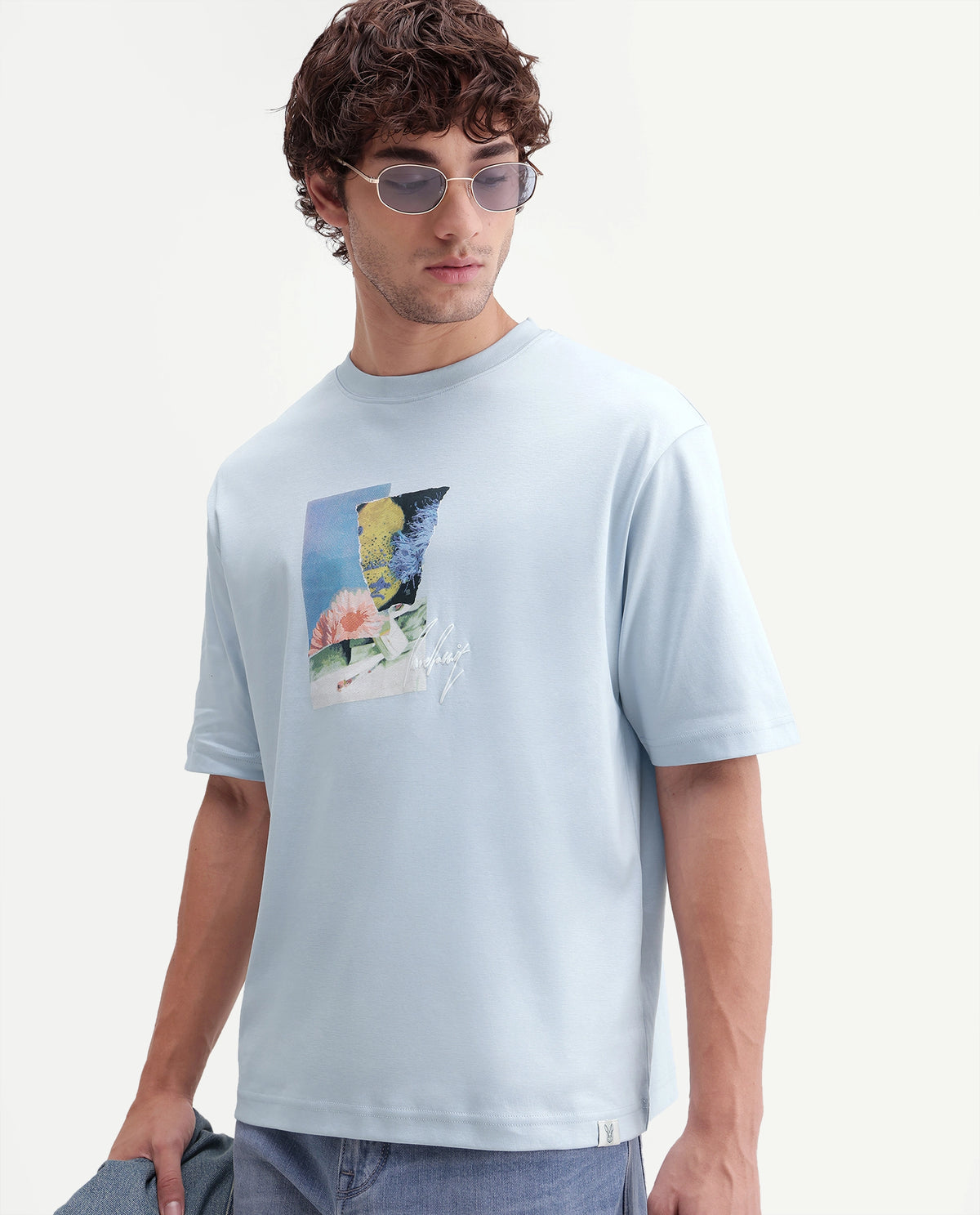 Rare Rabbit Men's Aeno Light Blue Cotton Crew Neck Regular Graphic Print T-Shirt